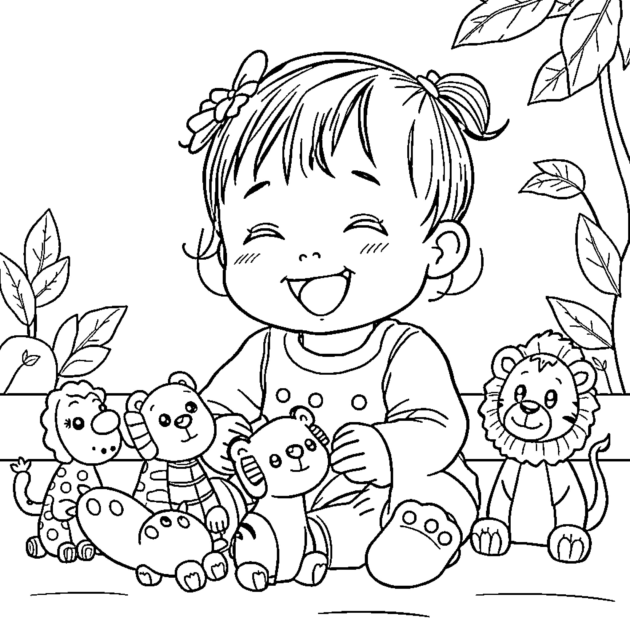 Baby Girl Playing with Stuffed Animals in Nature Coloring Page (free black-and-white line drawing printable PDF for all, from beginners to advanced learners, including children, teens, adults, and seniors)