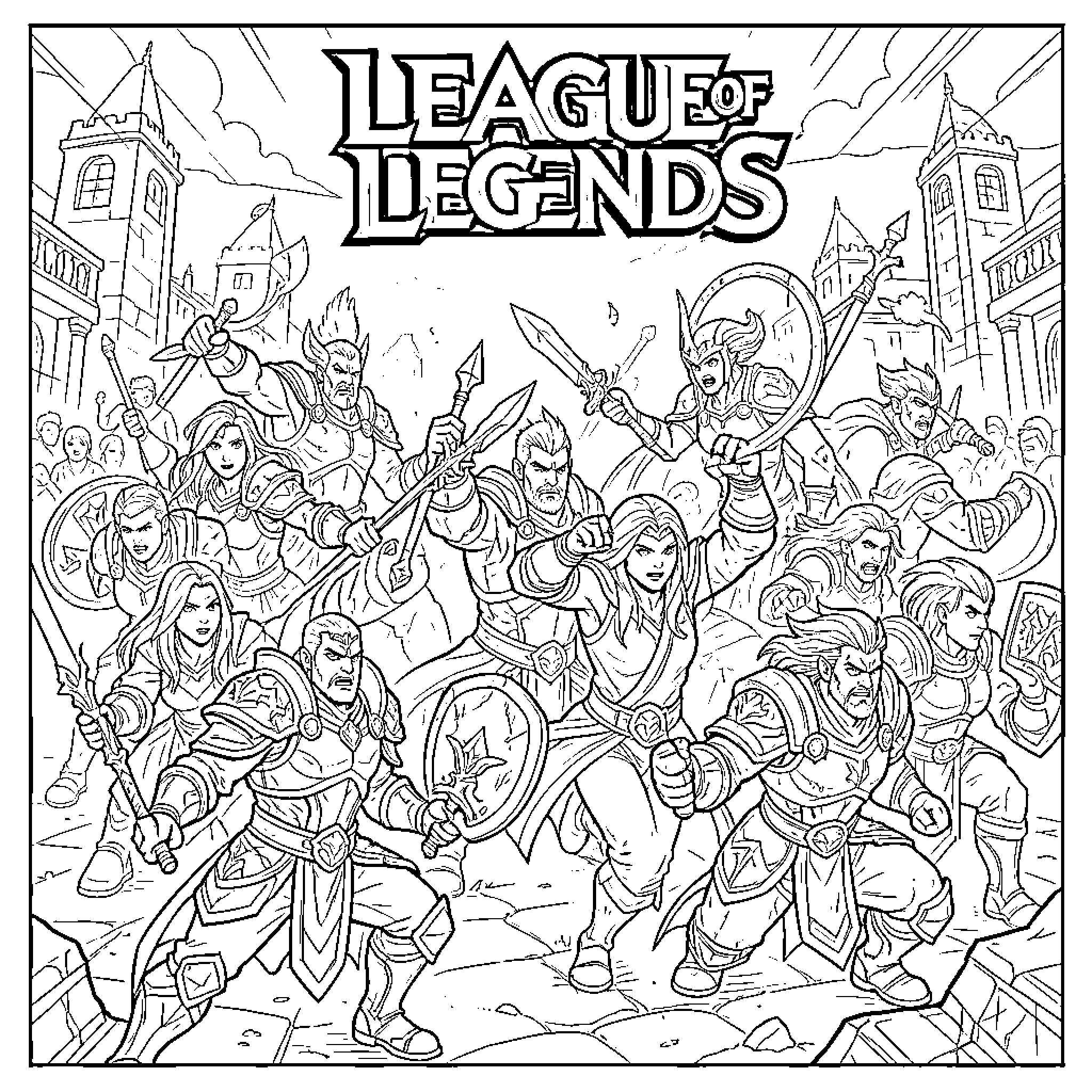 League of Legends Characters in Epic Battle Scene Coloring Page (free black-and-white line drawing printable PDF for all, from beginners to advanced learners, including children, teens, adults, and seniors)