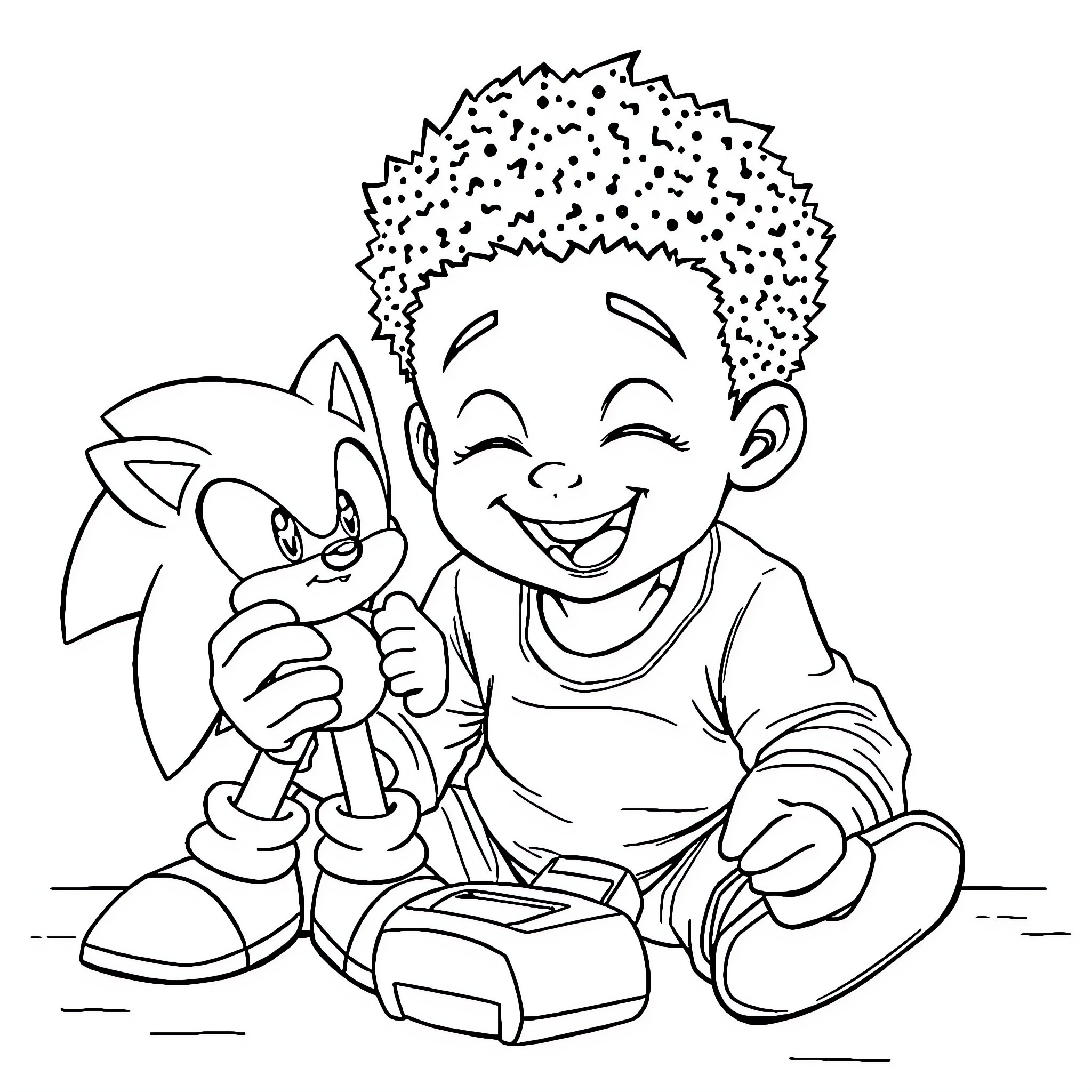 Sonic Enjoying Game Time with Cheerful Kid Coloring Page (free black-and-white line drawing printable PDF for all, from beginners to advanced learners, including children, teens, adults, and seniors)