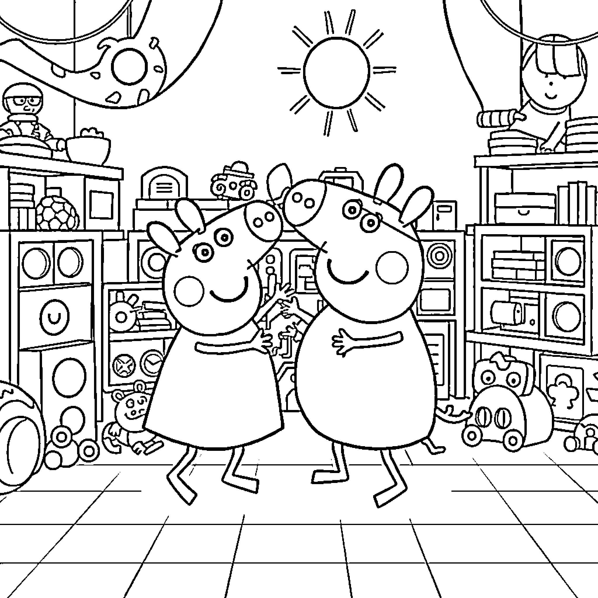 Bluey and Friends Enjoying a Fun-Filled Day Coloring Page (free black-and-white line drawing printable PDF for all, from beginners to advanced learners, including children, teens, adults, and seniors)