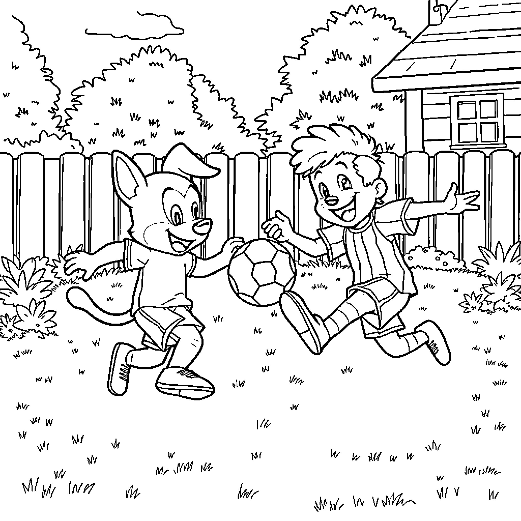 Bluey and Friends Enjoying a Playful Afternoon Coloring Page (free black-and-white line drawing printable PDF for all, from beginners to advanced learners, including children, teens, adults, and seniors)