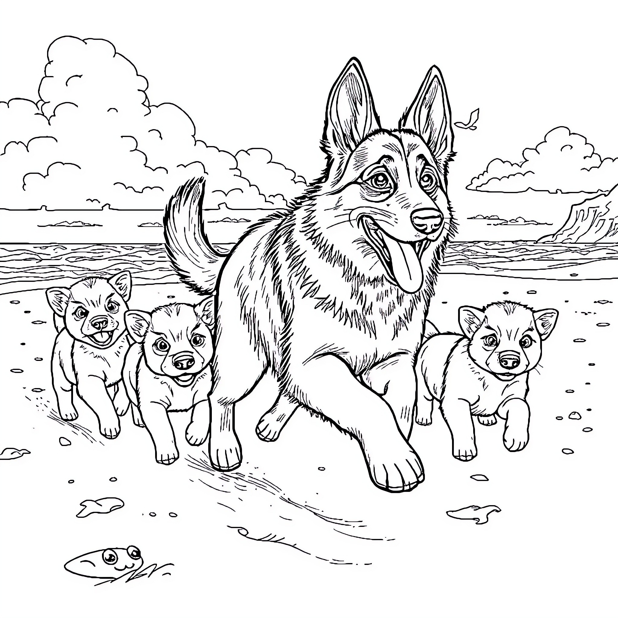 German Shepherd and Puppies Enjoying the Outdoors Coloring Page (free black-and-white line drawing printable PDF for all, from beginners to advanced learners, including children, teens, adults, and seniors)