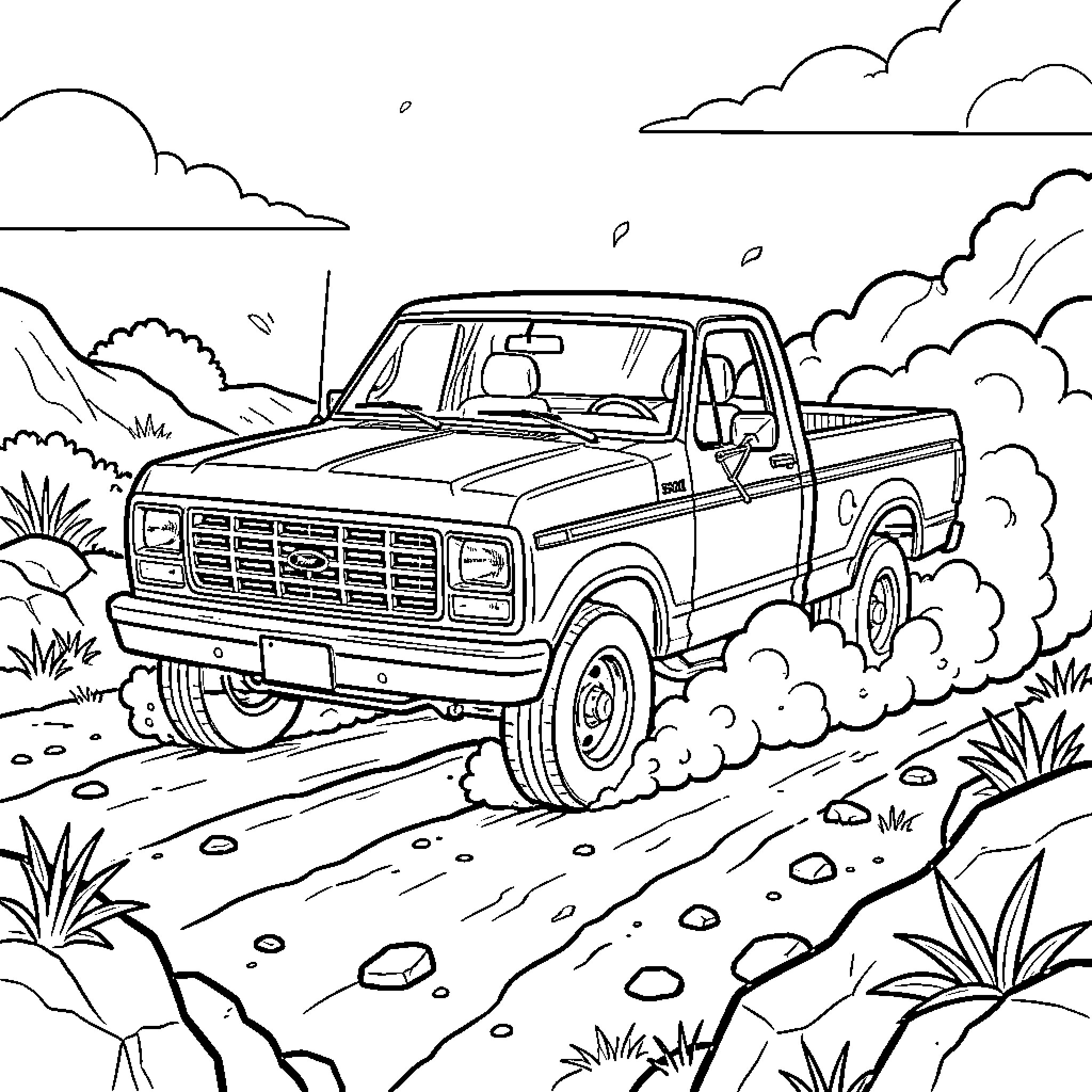 Ford F150 driving fast through dusty desert terrain Coloring Page (free black-and-white line drawing printable PDF for all, from beginners to advanced learners, including children, teens, adults, and seniors)