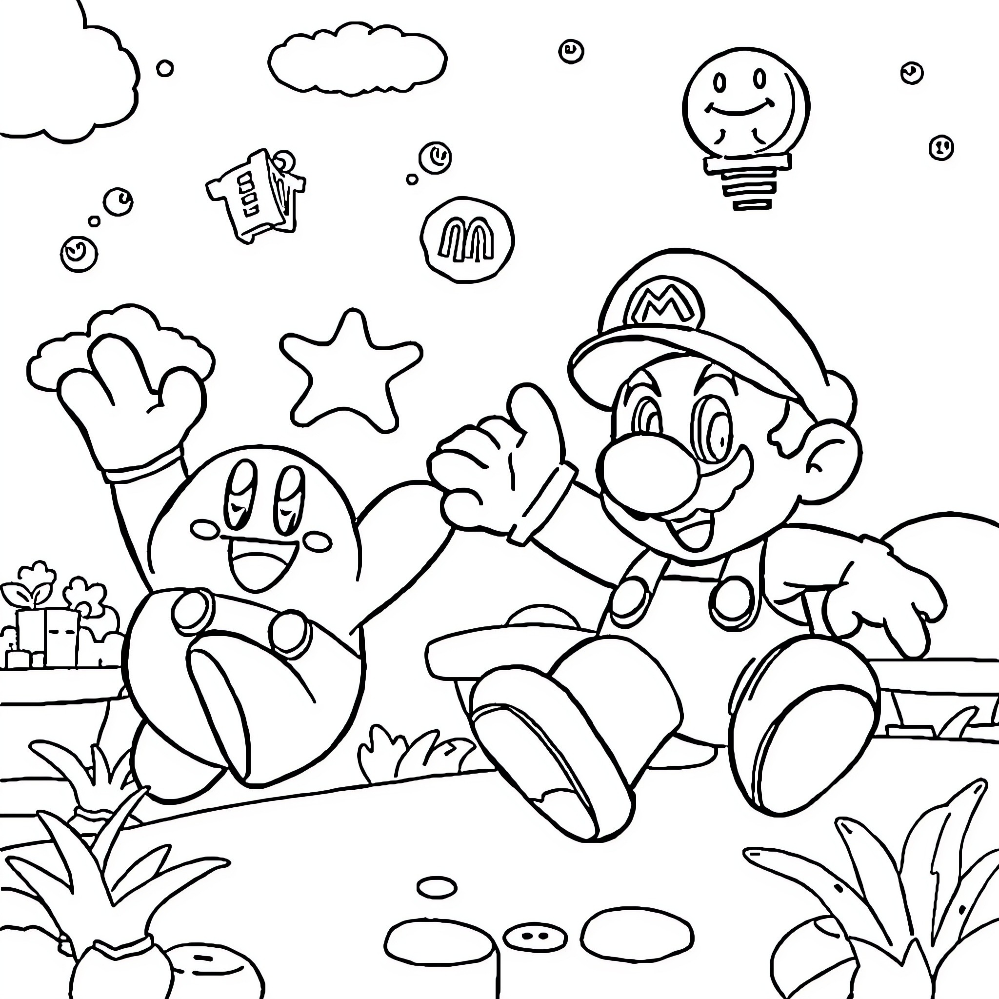 Kirby and Mario Exploring the Whimsical World Coloring Page (free black-and-white line drawing printable PDF for all, from beginners to advanced learners, including children, teens, adults, and seniors)