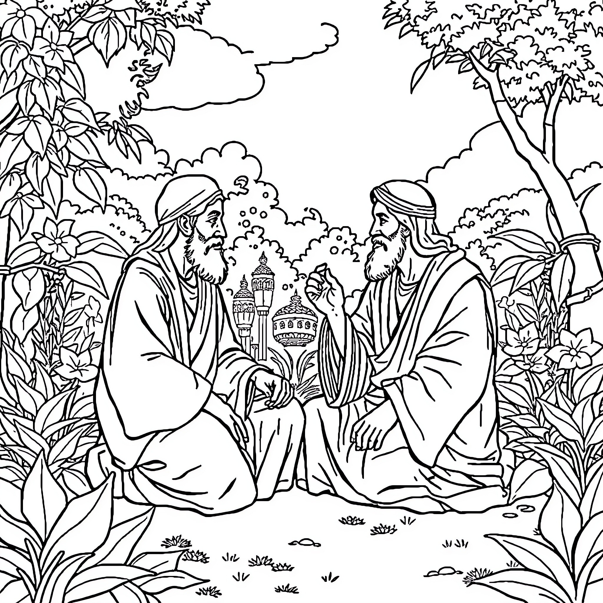 Mohammed's Peaceful Dialogue with Companions in Nature Coloring Page (free black-and-white line drawing printable PDF for all, from beginners to advanced learners, including children, teens, adults, and seniors)