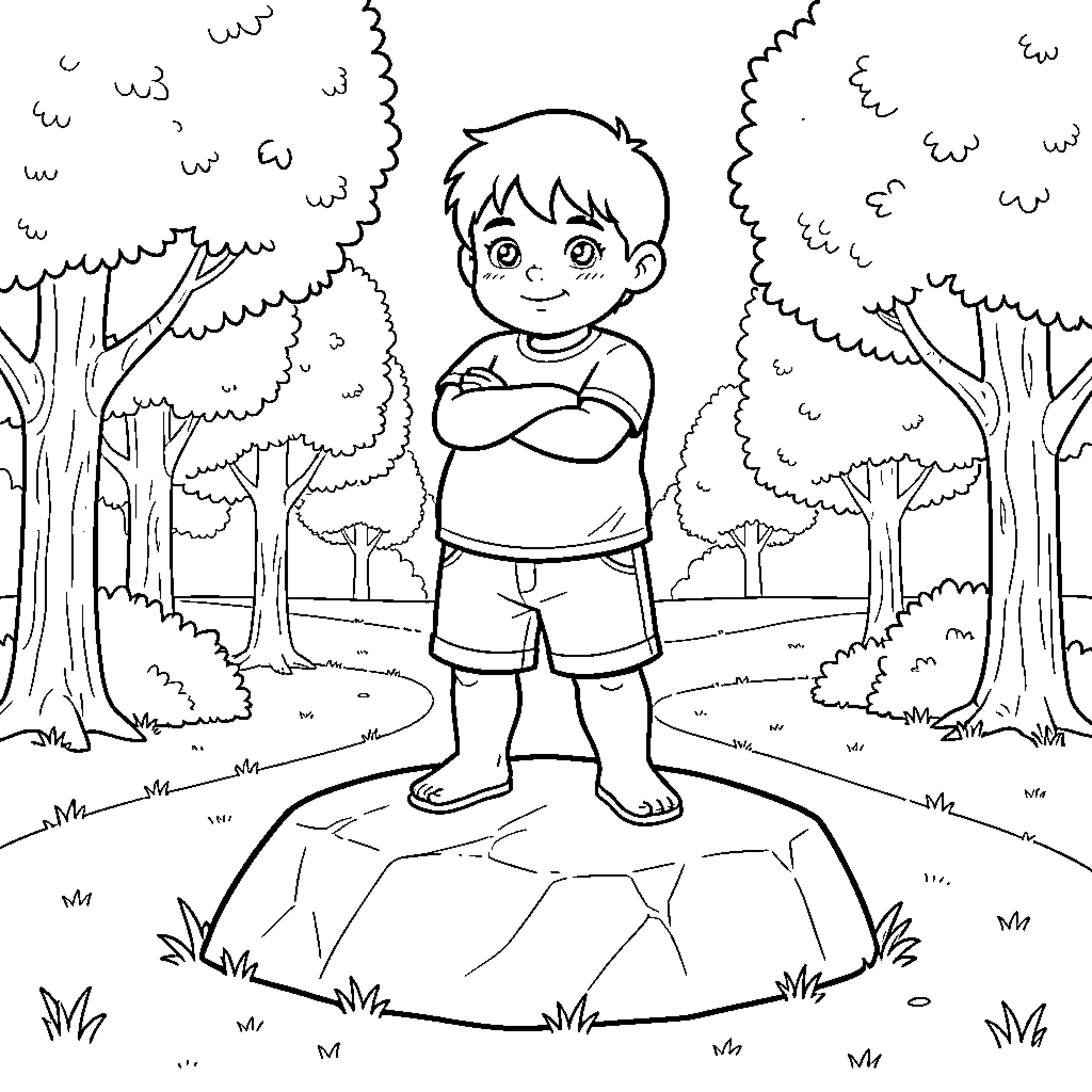Niño in the forest Coloring Page (free black-and-white line drawing printable PDF for all, from beginners to advanced learners, including children, teens, adults, and seniors)