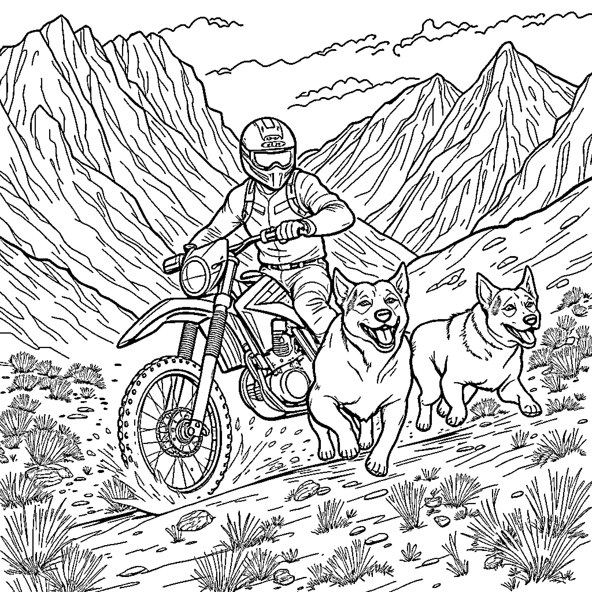 Man riding dirt bike with dogs through mountainous terrain Coloring Page (free black-and-white line drawing printable PDF for all, from beginners to advanced learners, including children, teens, adults, and seniors)