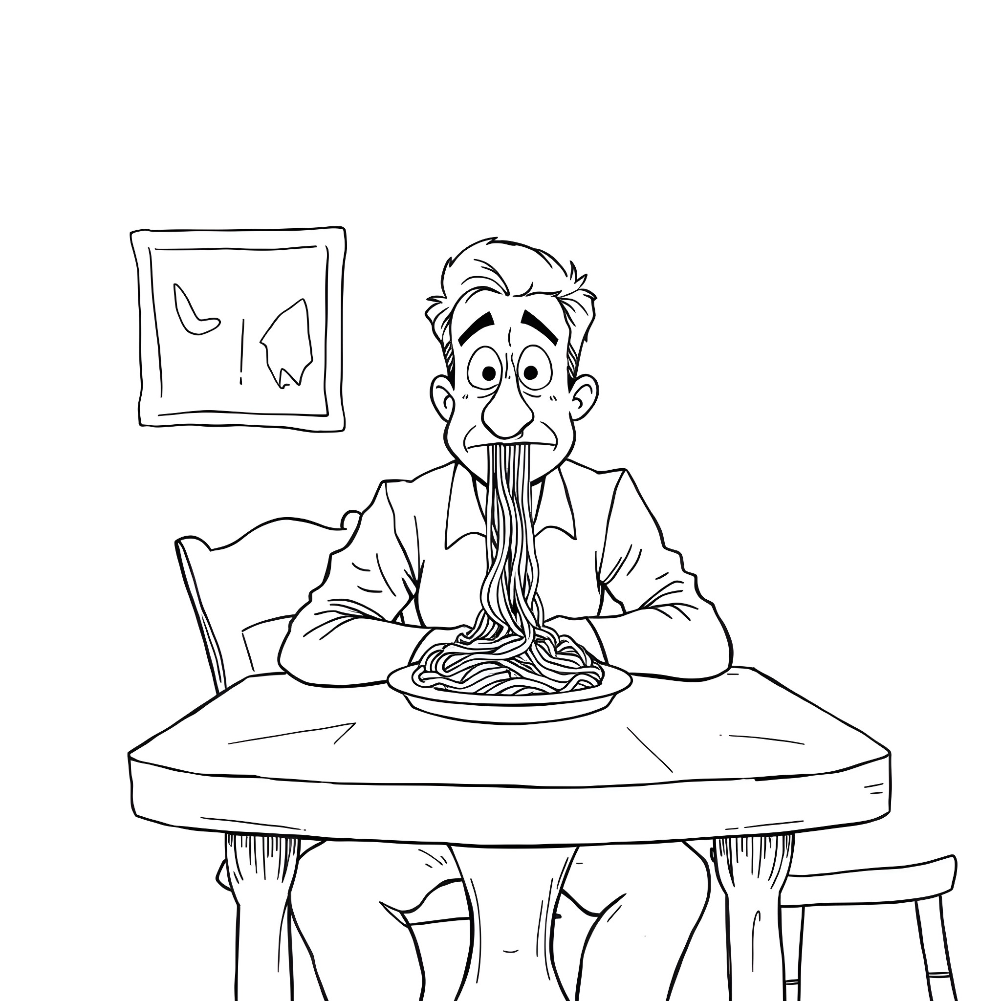 Vincent Coquaz eating spaghetti with exaggerated expression Coloring Page (free black-and-white line drawing printable PDF for all, from beginners to advanced learners, including children, teens, adults, and seniors)