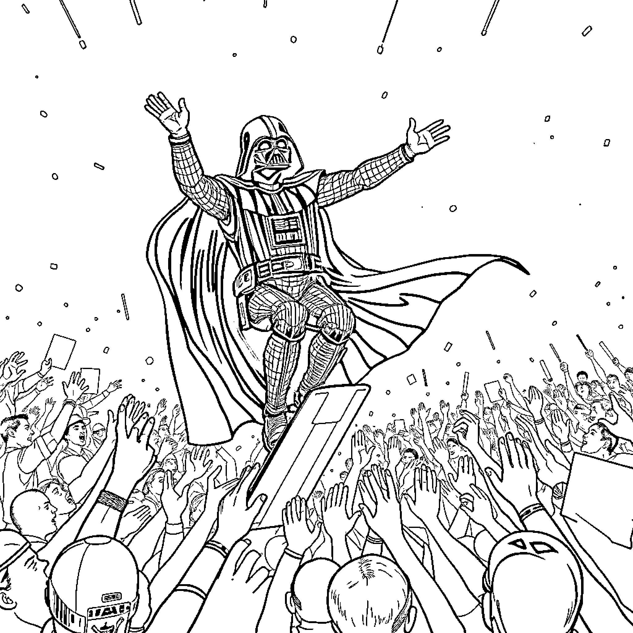 Darth Vader addressing an adoring crowd Coloring Page (free black-and-white line drawing printable PDF for all, from beginners to advanced learners, including children, teens, adults, and seniors)