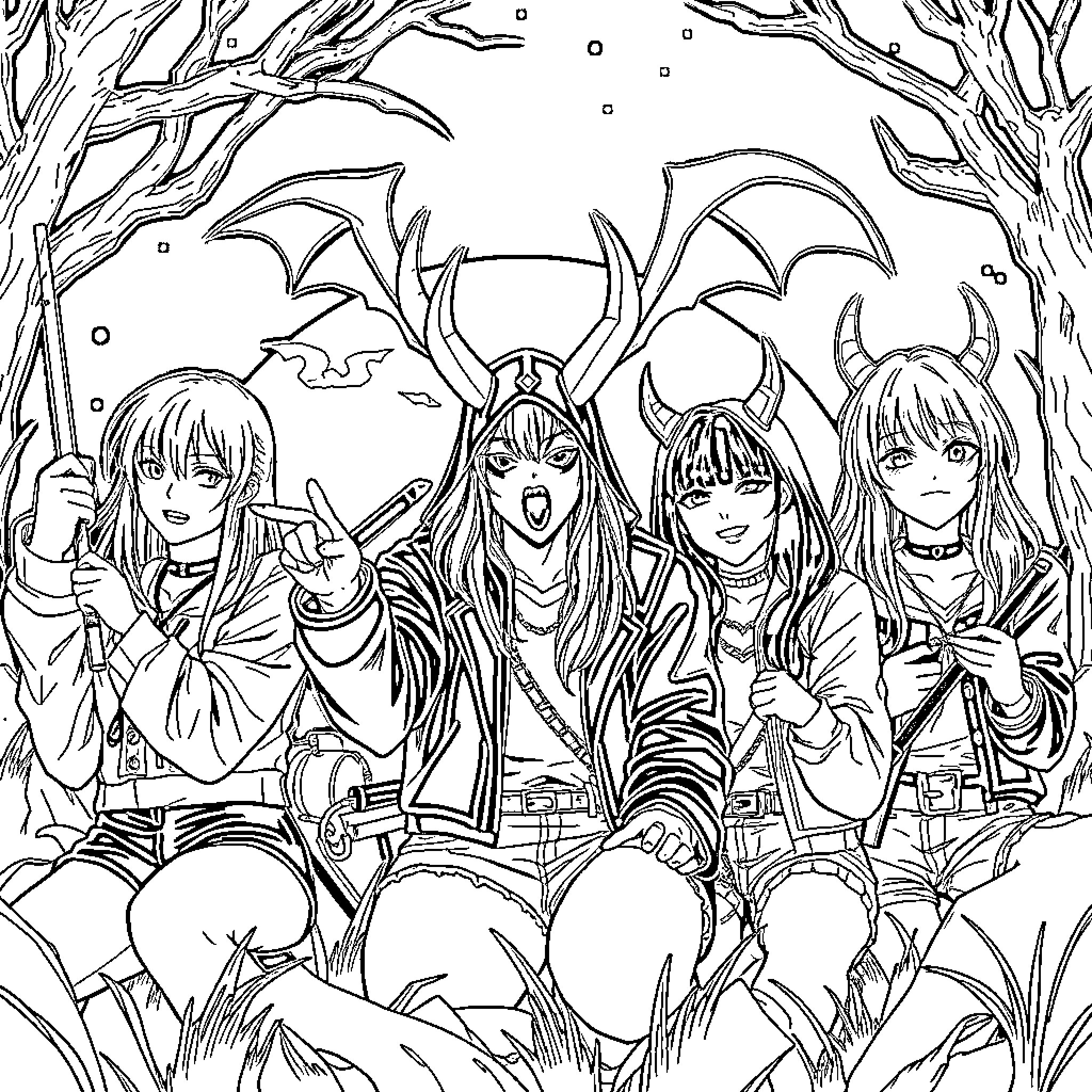 Kpop Demon Hunters in Fierce Encounter Coloring Page (free black-and-white line drawing printable PDF for all, from beginners to advanced learners, including children, teens, adults, and seniors)