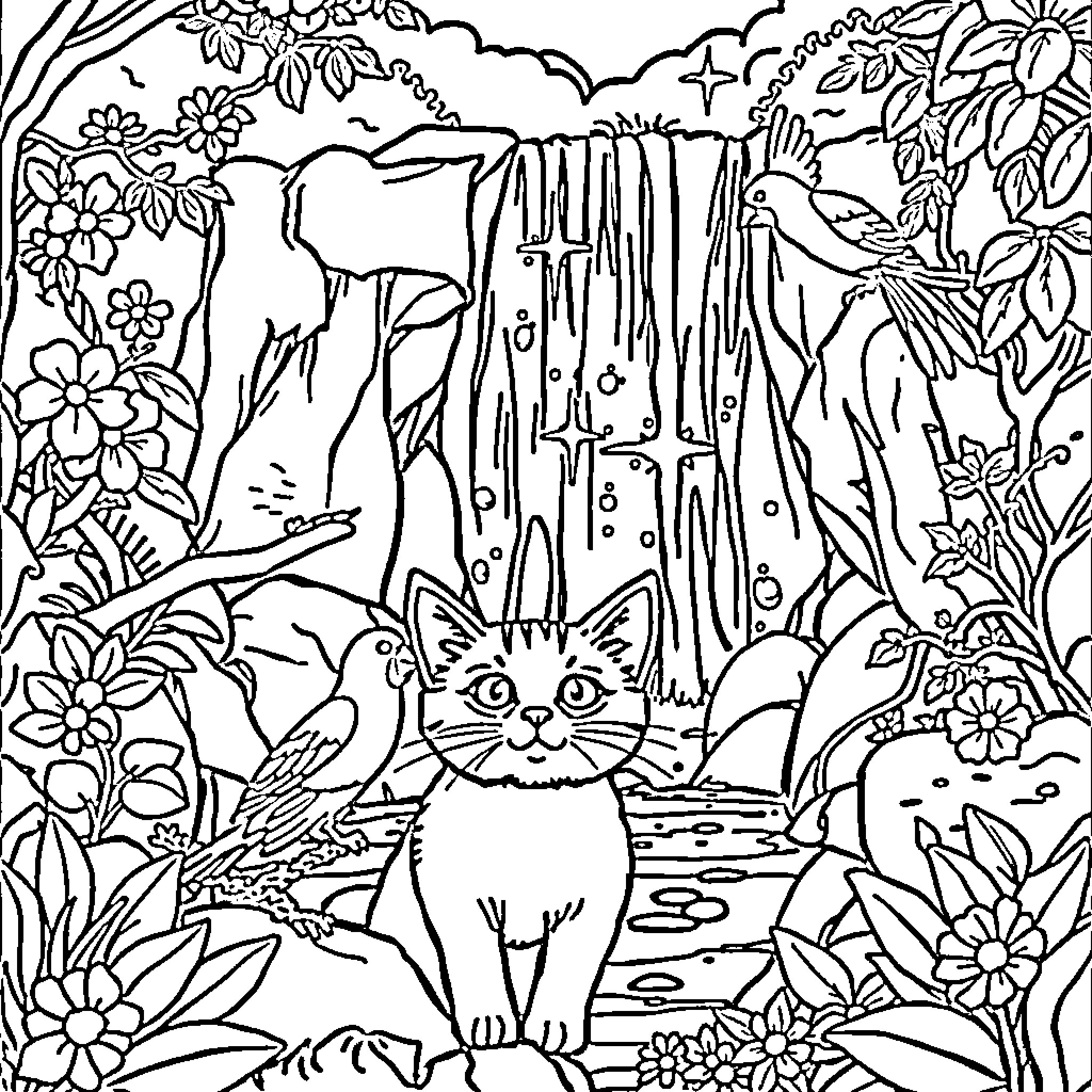 Eye Catching Whimsical Nature Scene Coloring Page (free black-and-white line drawing printable PDF for all, from beginners to advanced learners, including children, teens, adults, and seniors)