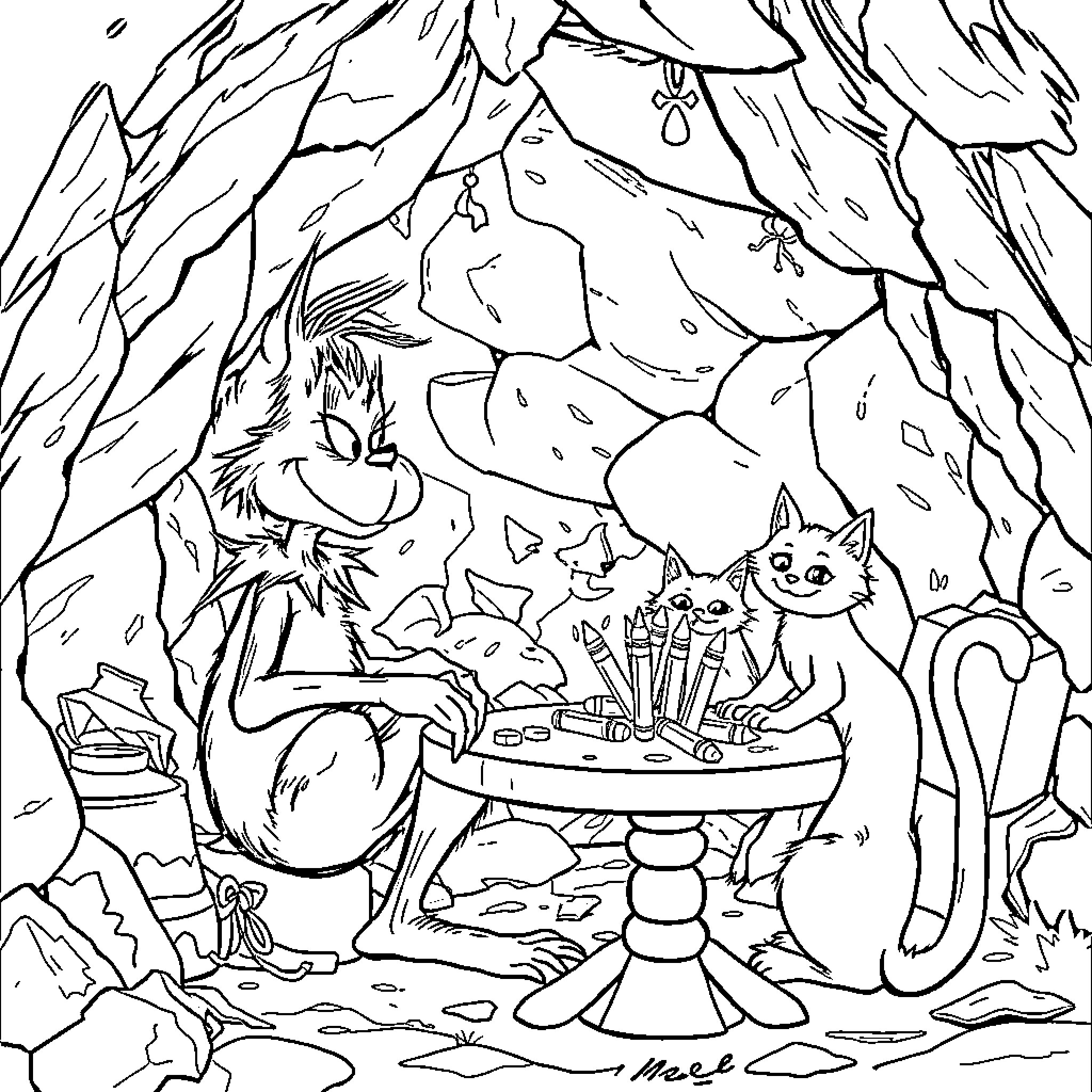 Grinch's Enchanting Gathering with Mischievous Felines Coloring Page (free black-and-white line drawing printable PDF for all, from beginners to advanced learners, including children, teens, adults, and seniors)