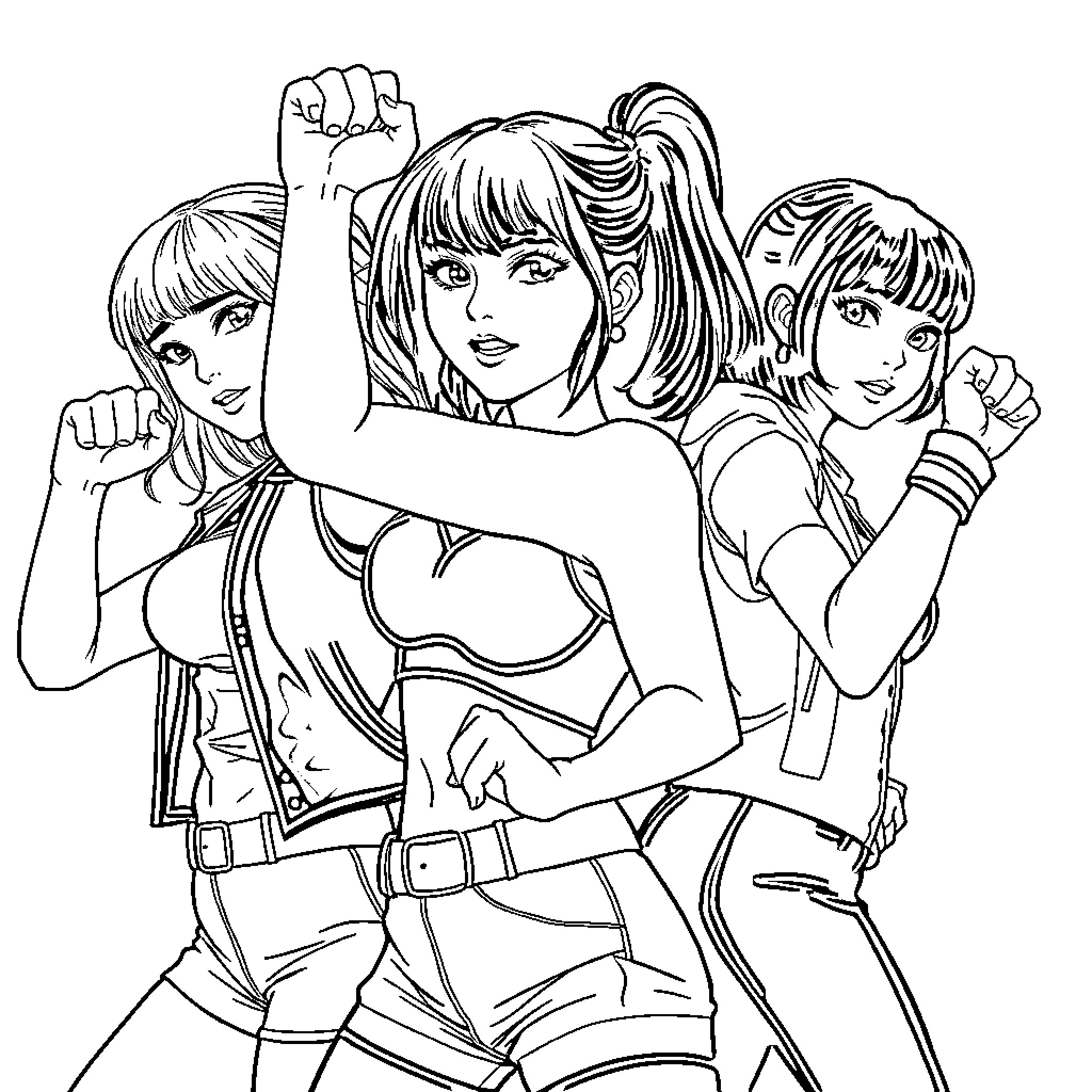 Protagonista trio of empowered women with determined expressions Coloring Page (free black-and-white line drawing printable PDF for all, from beginners to advanced learners, including children, teens, adults, and seniors)