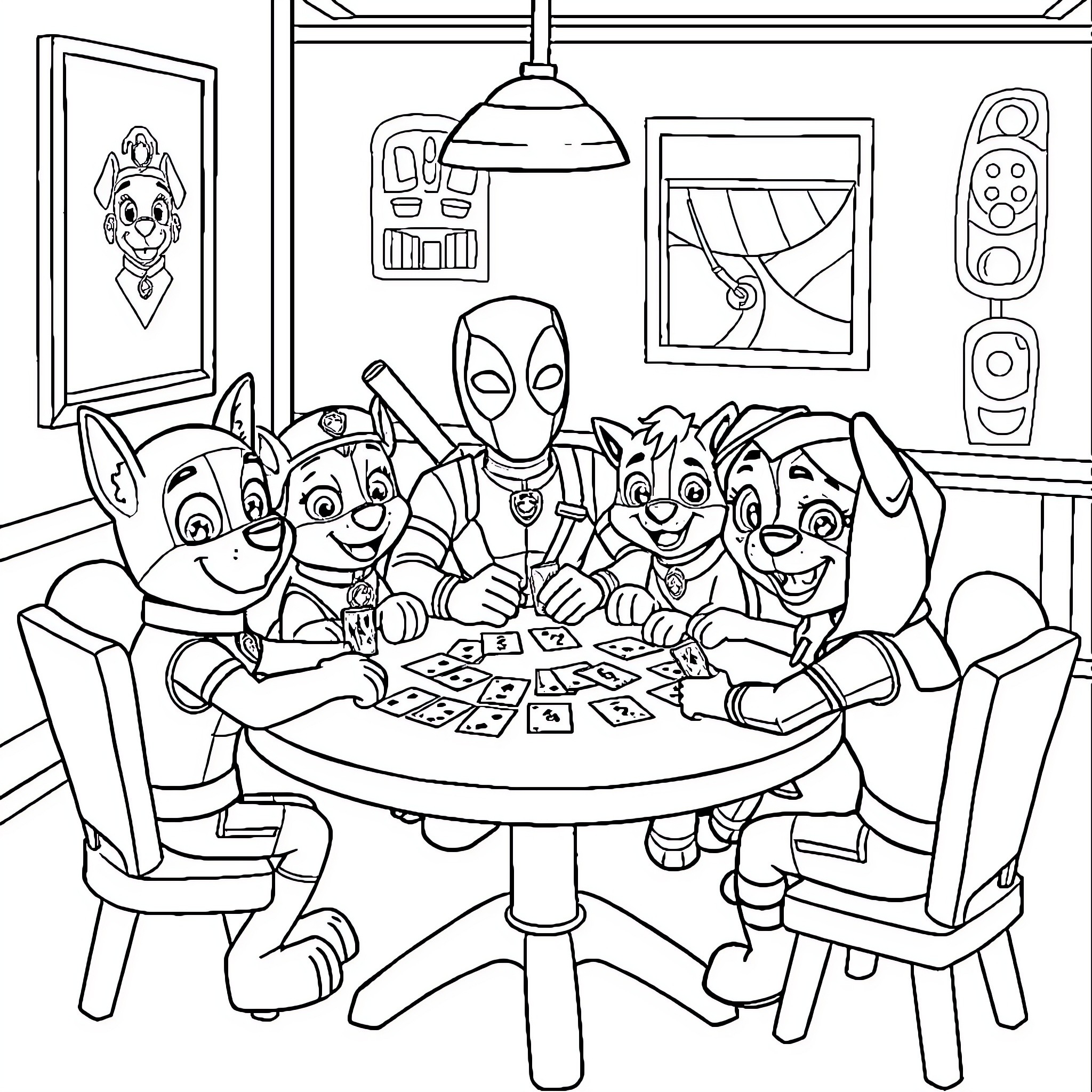 Deadpool and Paw Patrol Pups Playing Card Games Coloring Page (free black-and-white line drawing printable PDF for all, from beginners to advanced learners, including children, teens, adults, and seniors)
