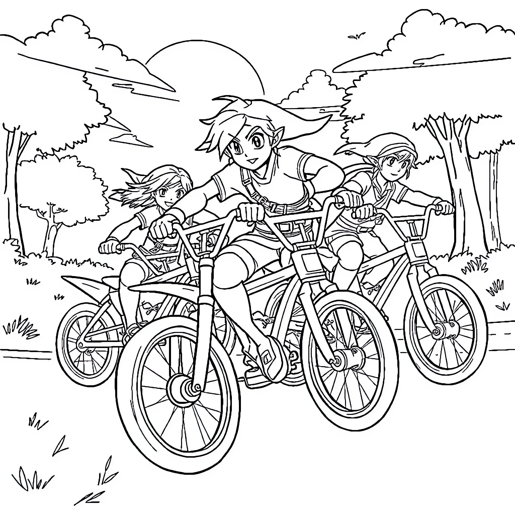 Link's Adventure on Bicycles in Nature Coloring Page (free black-and-white line drawing printable PDF for all, from beginners to advanced learners, including children, teens, adults, and seniors)