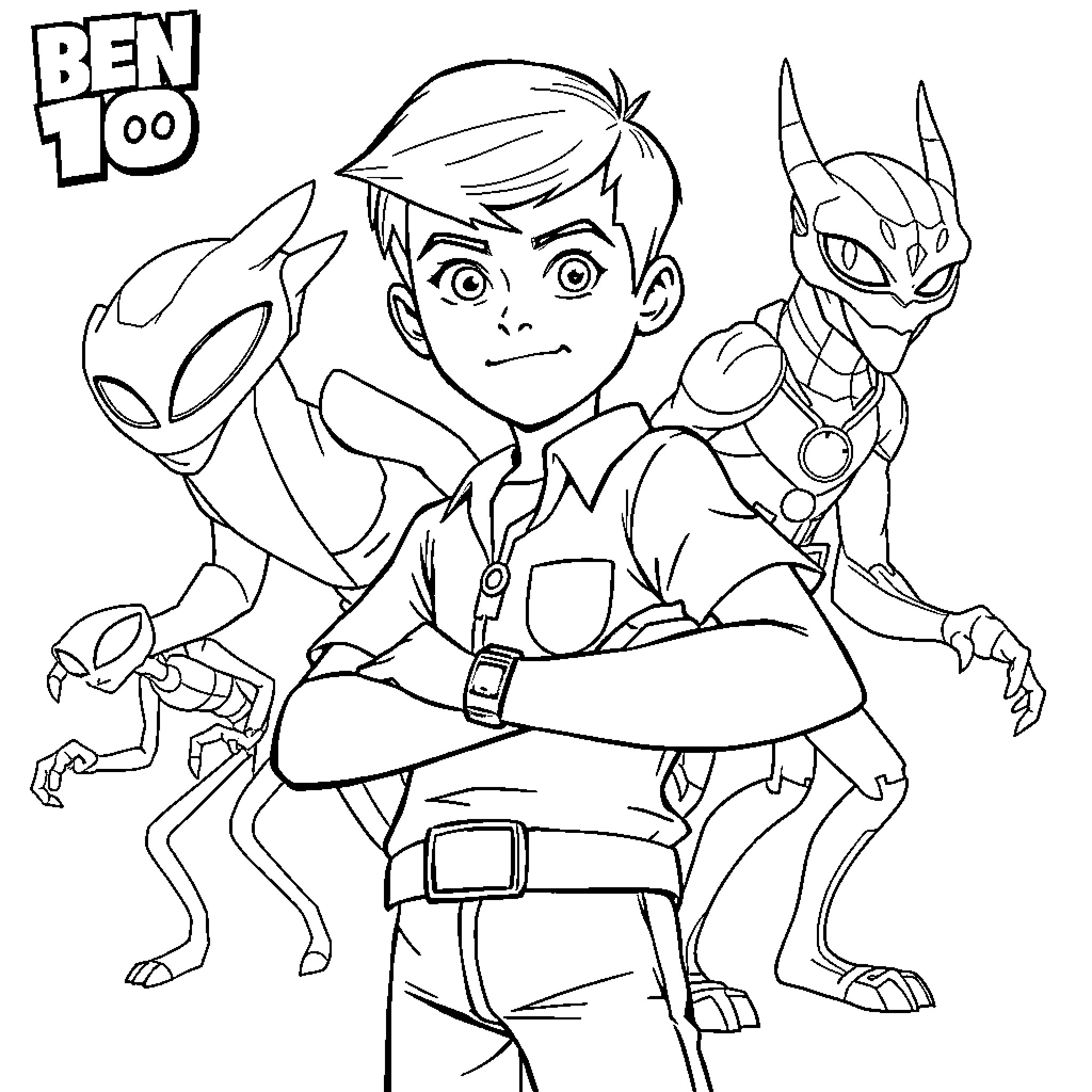 Ben 10 in heroic pose with alien companions Coloring Page (free black-and-white line drawing printable PDF for all, from beginners to advanced learners, including children, teens, adults, and seniors)
