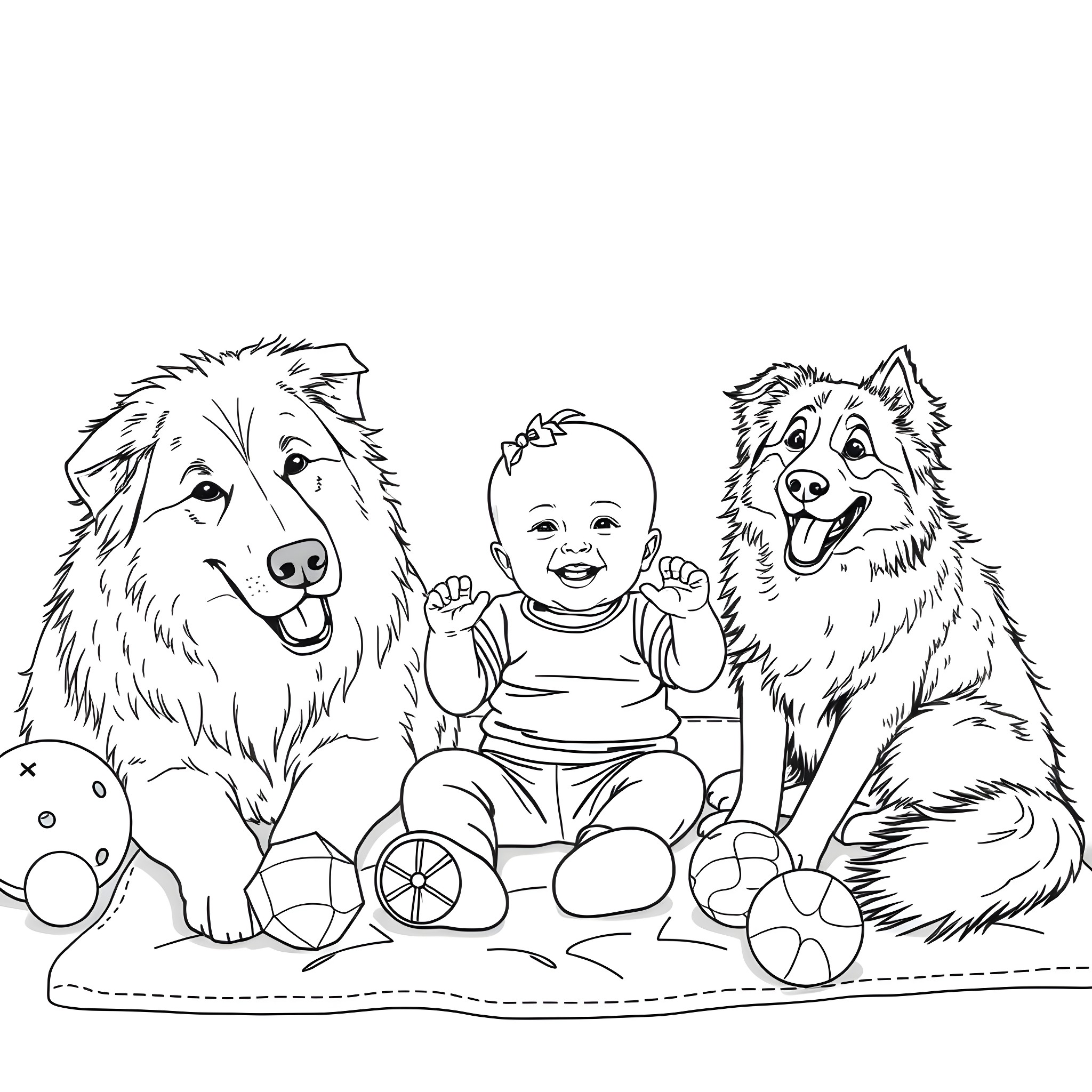 Dog and baby playing together happily Coloring Page (free black-and-white line drawing printable PDF for all, from beginners to advanced learners, including children, teens, adults, and seniors)
