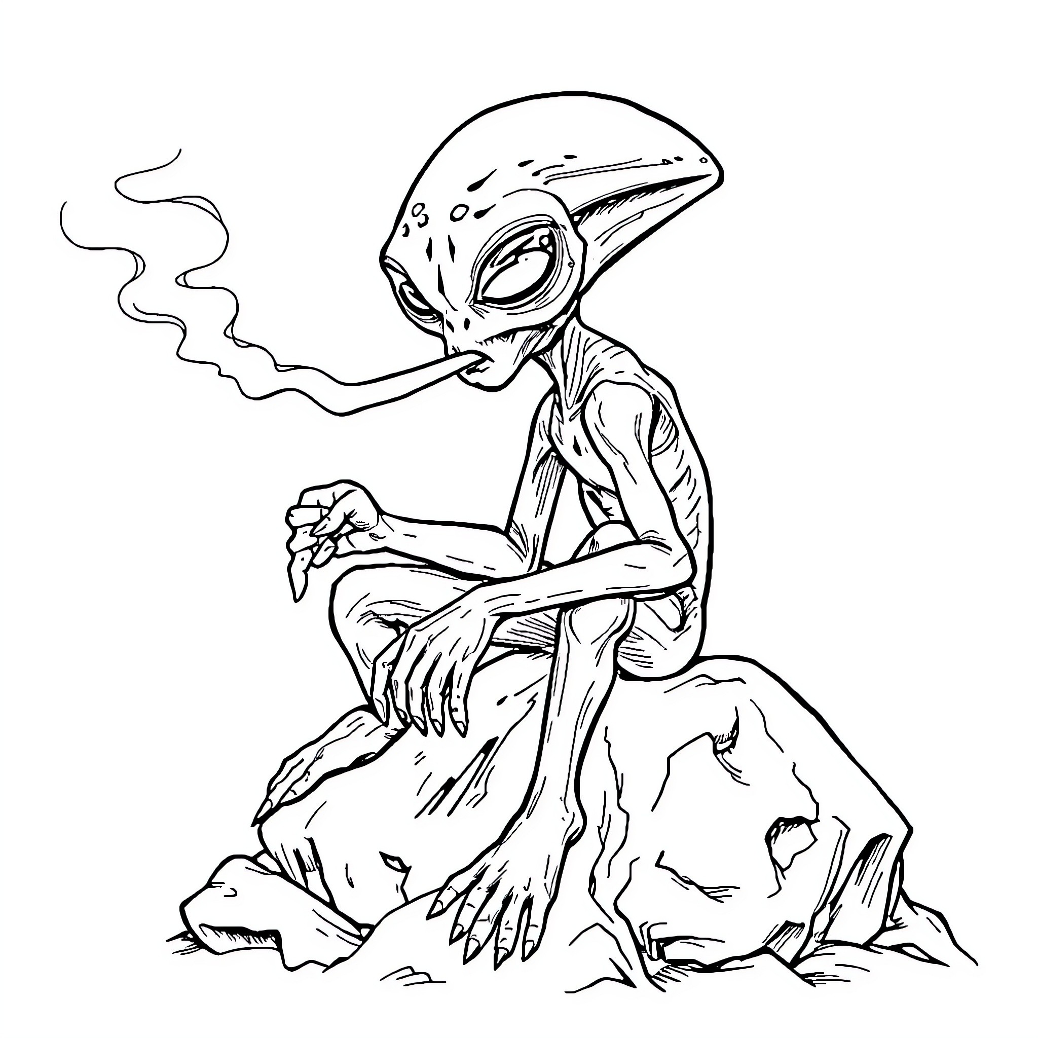 Alien creature smoking on a rocky outcrop Coloring Page (free black-and-white line drawing printable PDF for all, from beginners to advanced learners, including children, teens, adults, and seniors)