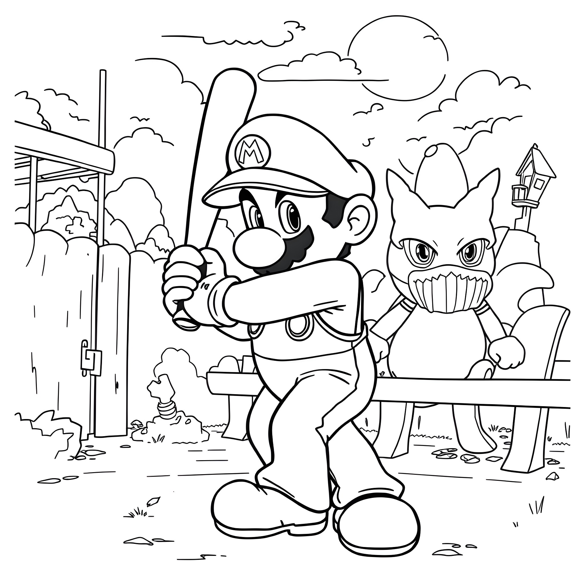 Mario in an adventurous scene with animal companions Coloring Page (free black-and-white line drawing printable PDF for all, from beginners to advanced learners, including children, teens, adults, and seniors)