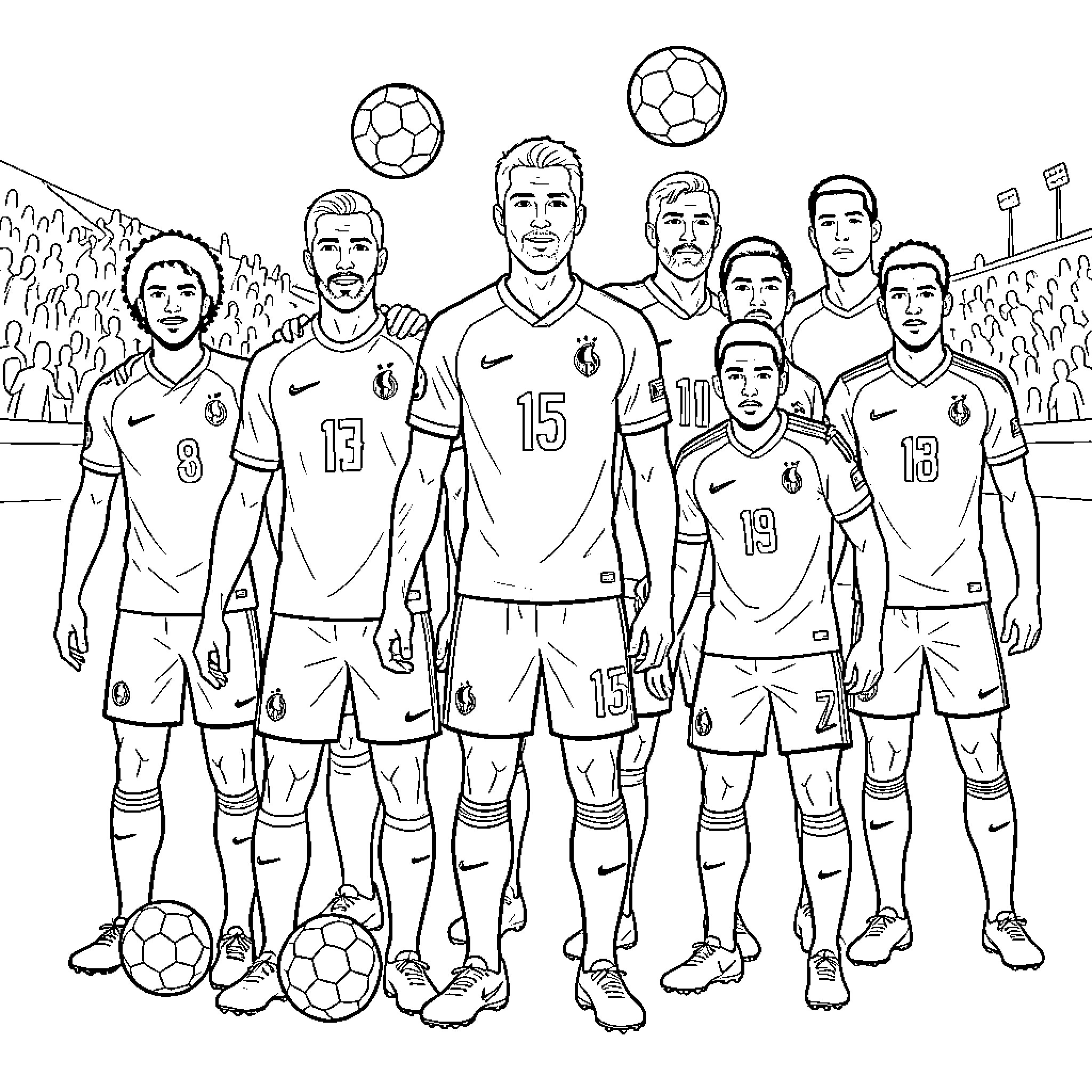 France soccer team posing together with footballs Coloring Page (free black-and-white line drawing printable PDF for all, from beginners to advanced learners, including children, teens, adults, and seniors)