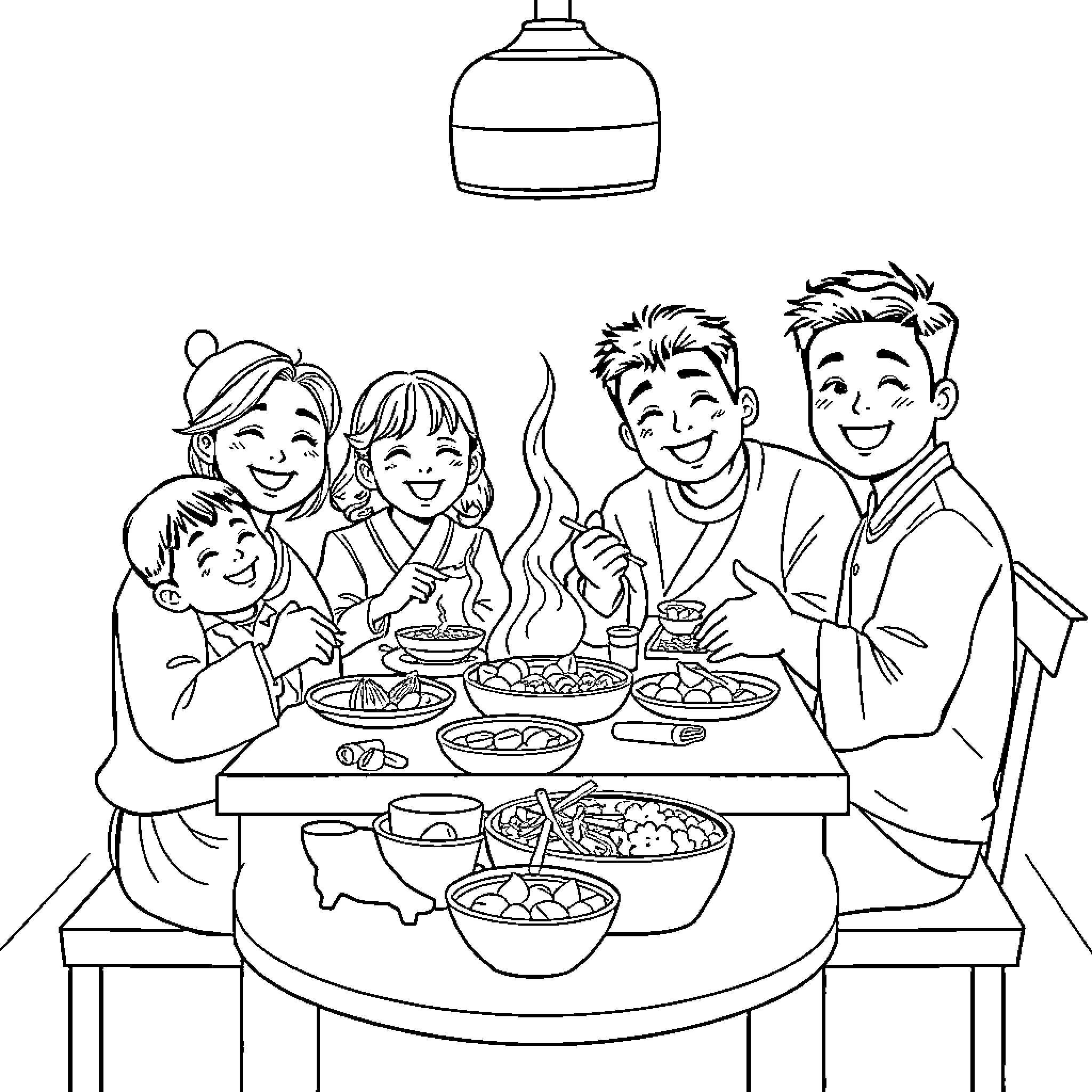 Family Enjoying Warm Meal Together Coloring Page (free black-and-white line drawing printable PDF for all, from beginners to advanced learners, including children, teens, adults, and seniors)
