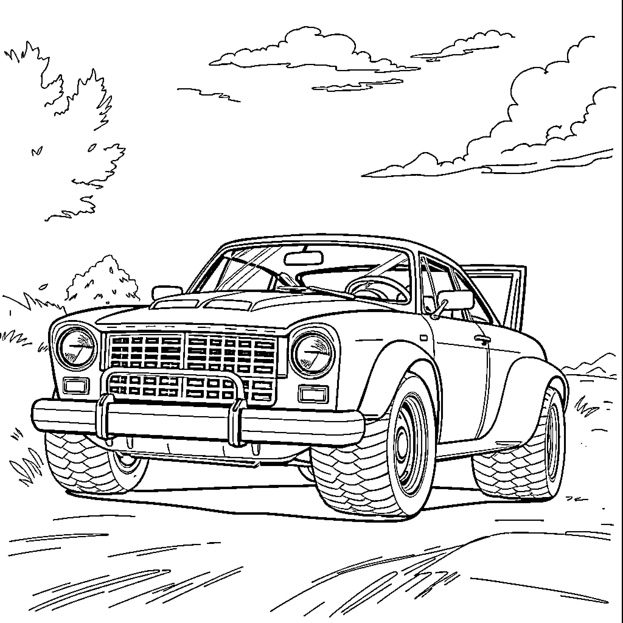 Modified Car Racing on Rugged Terrain Coloring Page (free black-and-white line drawing printable PDF for all, from beginners to advanced learners, including children, teens, adults, and seniors)