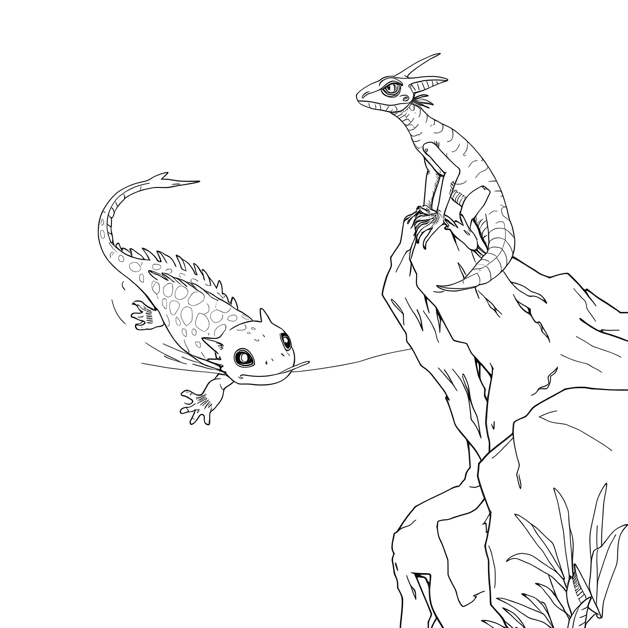 Axolotls exploring the wilderness Coloring Page (free black-and-white line drawing printable PDF for all, from beginners to advanced learners, including children, teens, adults, and seniors)