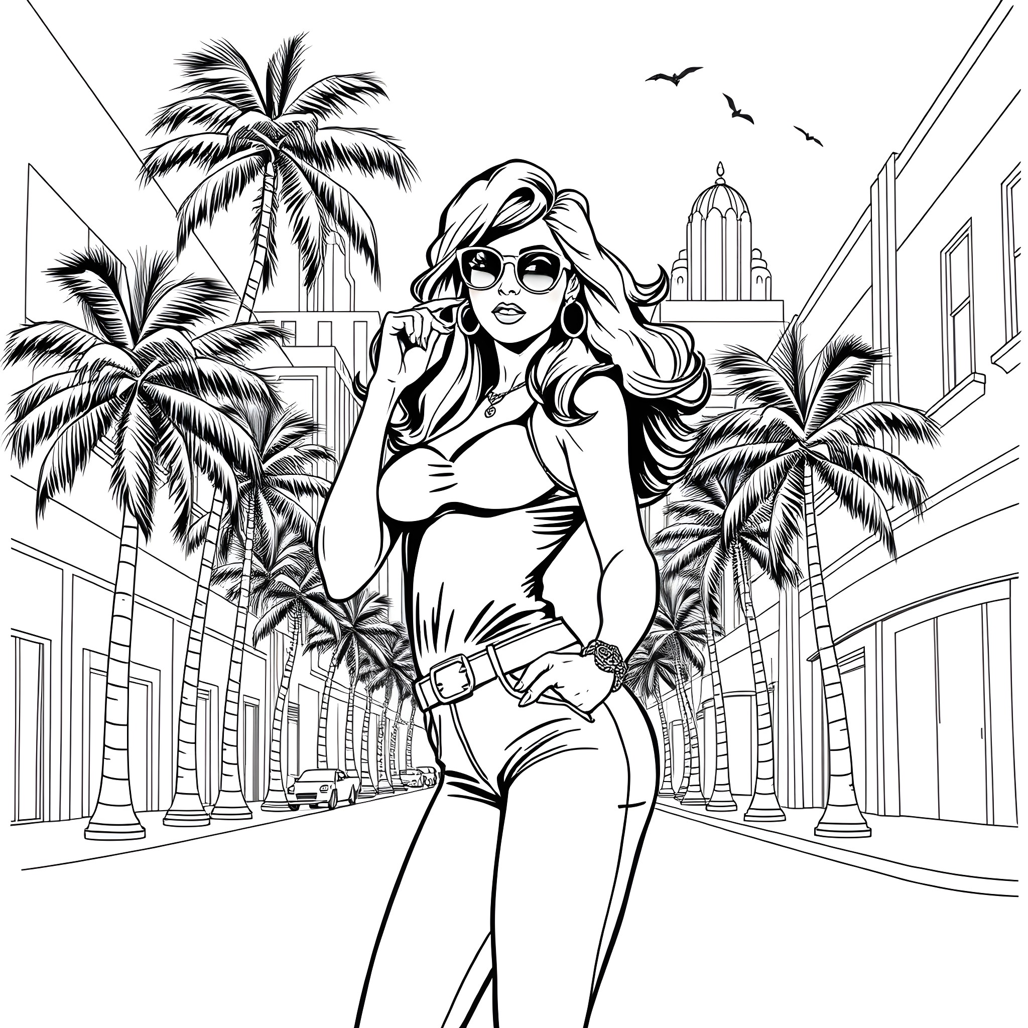 Sindy's Stylish Urban Adventure Coloring Page (free black-and-white line drawing printable PDF for all, from beginners to advanced learners, including children, teens, adults, and seniors)