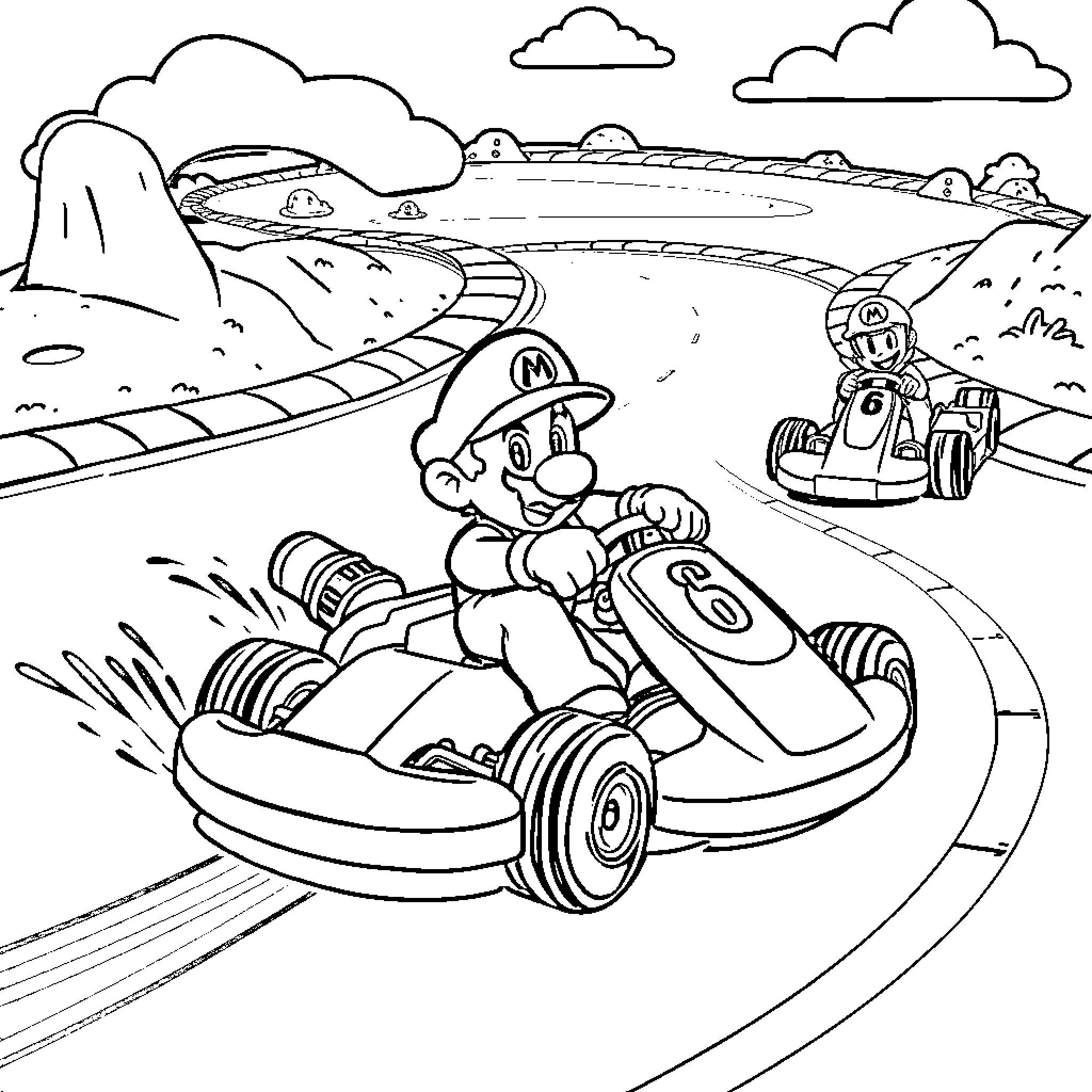 Mario Kart Racing Adventure on Winding Track Coloring Page (free black-and-white line drawing printable PDF for all, from beginners to advanced learners, including children, teens, adults, and seniors)