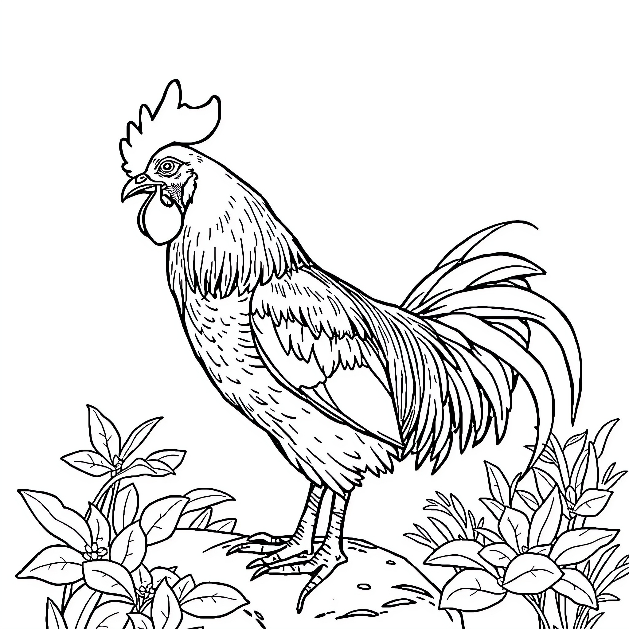 Ayam rooster amidst floral garden Coloring Page (free black-and-white line drawing printable PDF for all, from beginners to advanced learners, including children, teens, adults, and seniors)