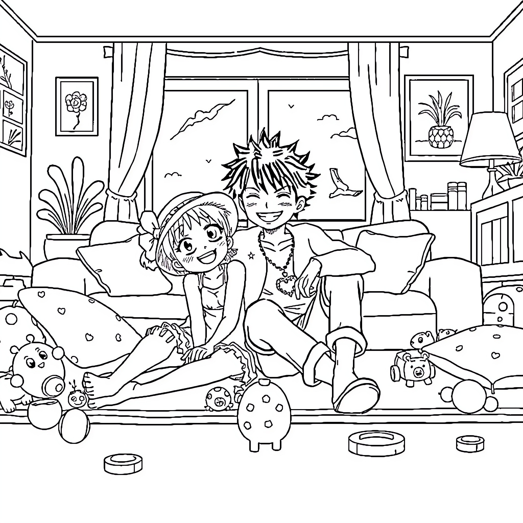 Luffy and Friend Relaxing in Cozy Room Coloring Page (free black-and-white line drawing printable PDF for all, from beginners to advanced learners, including children, teens, adults, and seniors)