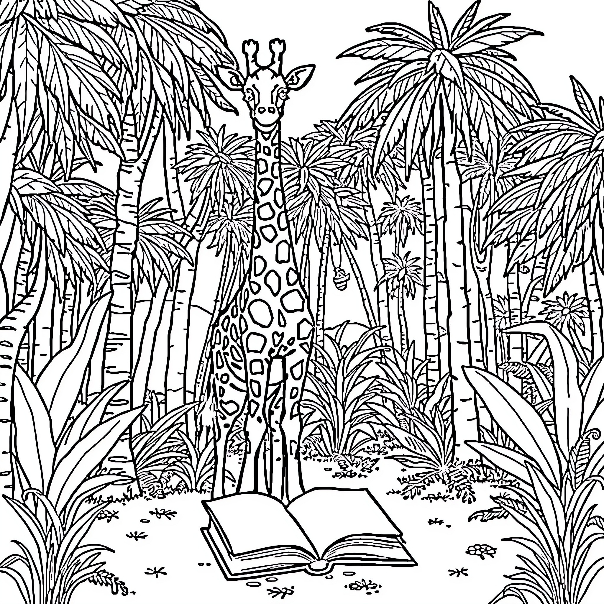 Giraffe exploring lush jungle landscape Coloring Page (free black-and-white line drawing printable PDF for all, from beginners to advanced learners, including children, teens, adults, and seniors)