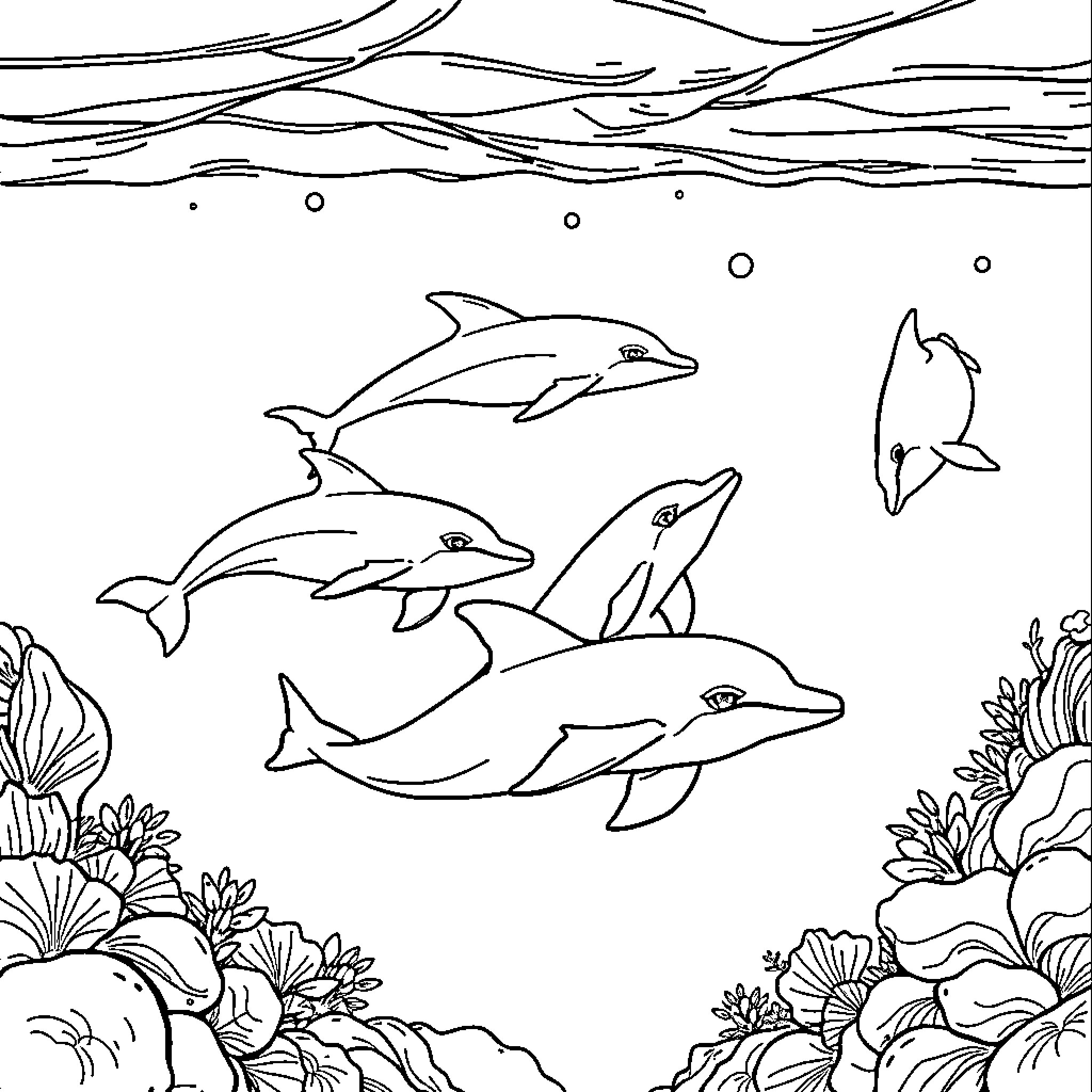 Dolphins swimming gracefully in the ocean Coloring Page (free black-and-white line drawing printable PDF for all, from beginners to advanced learners, including children, teens, adults, and seniors)