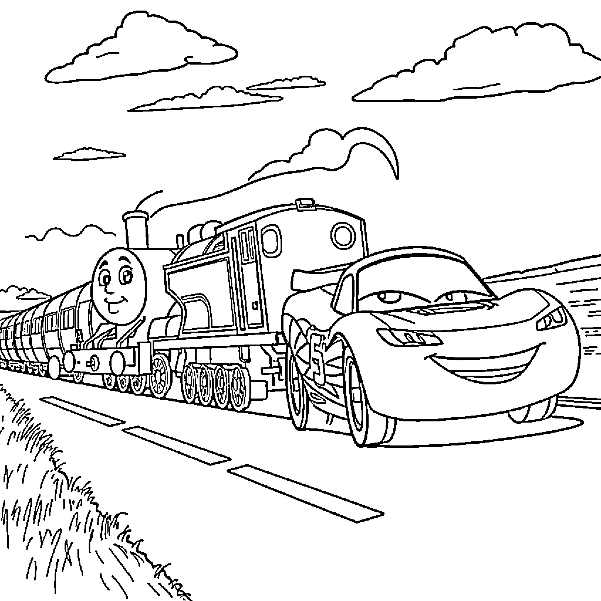 Train transporting a friendly locomotive and car Coloring Page (free black-and-white line drawing printable PDF for all, from beginners to advanced learners, including children, teens, adults, and seniors)