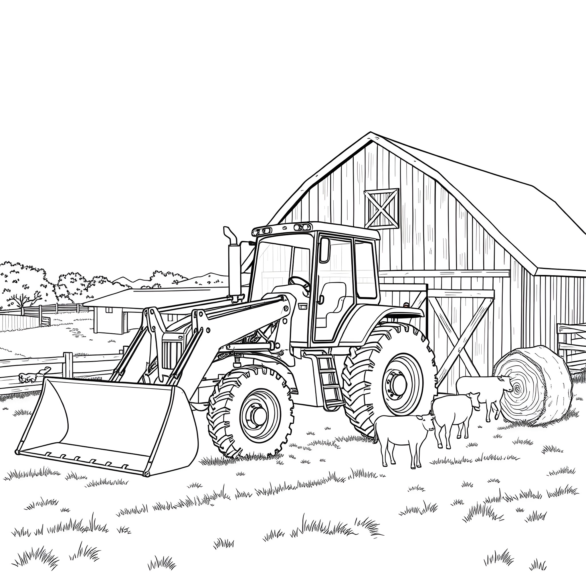 Loader tractor working on a farm with barn Coloring Page (free black-and-white line drawing printable PDF for all, from beginners to advanced learners, including children, teens, adults, and seniors)