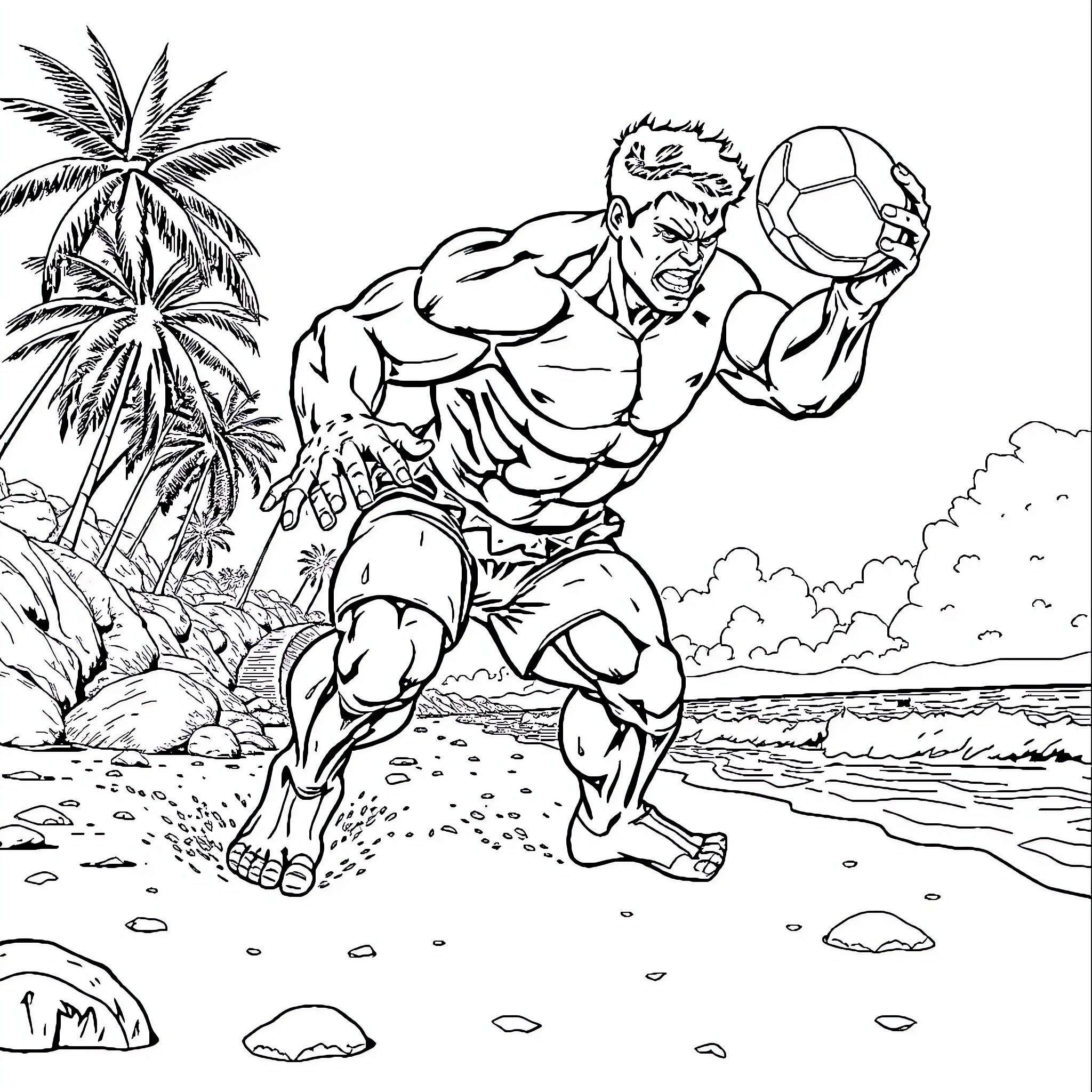 Hulk Smashing Beachball on Tropical Island Coloring Page (free black-and-white line drawing printable PDF for all, from beginners to advanced learners, including children, teens, adults, and seniors)