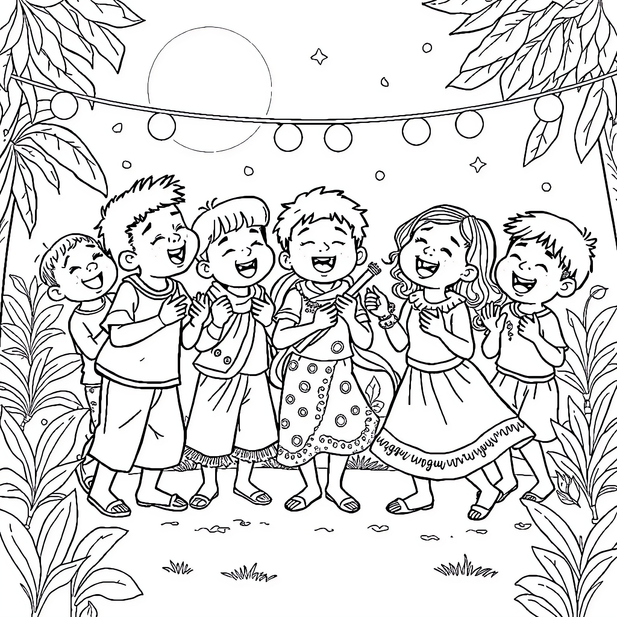 Sahur celebration with joyful children Coloring Page (free black-and-white line drawing printable PDF for all, from beginners to advanced learners, including children, teens, adults, and seniors)