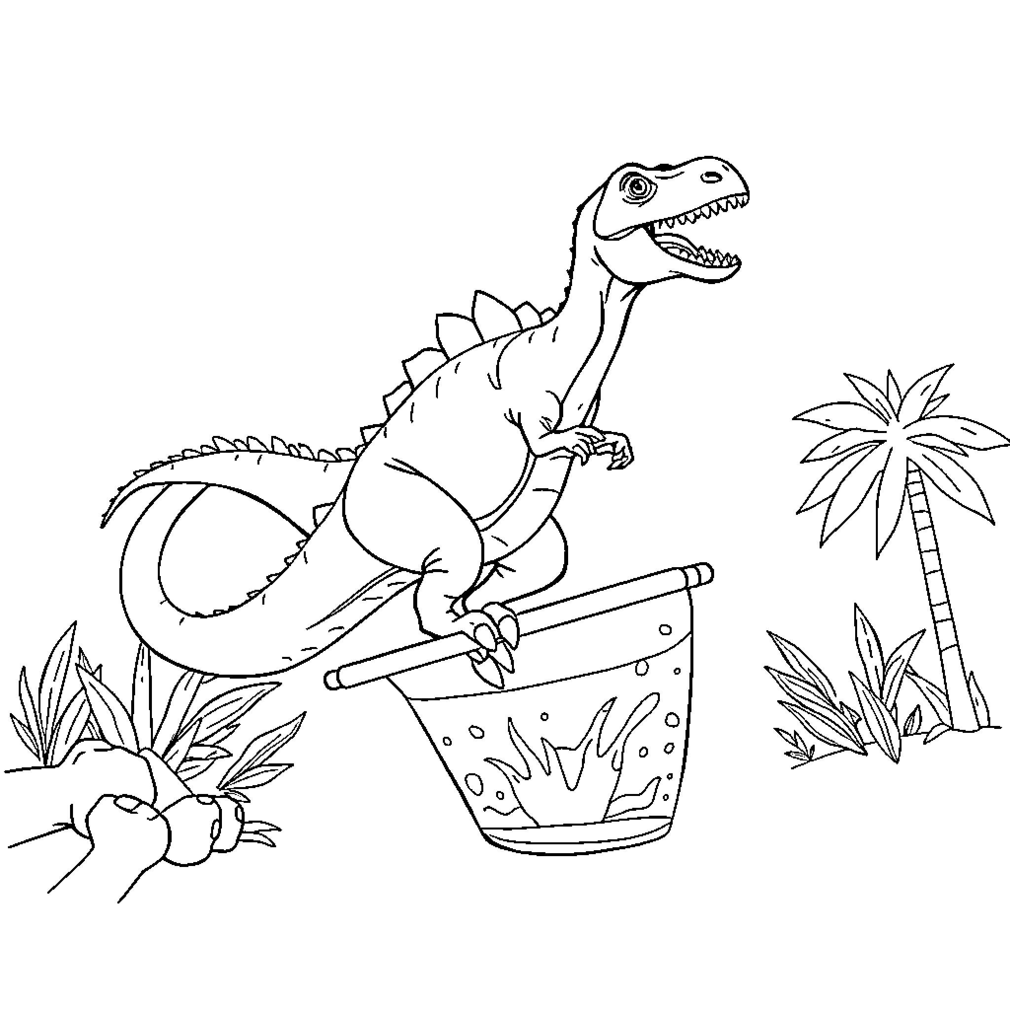 Dinosaur playing with bucket in the jungle Coloring Page (free black-and-white line drawing printable PDF for all, from beginners to advanced learners, including children, teens, adults, and seniors)