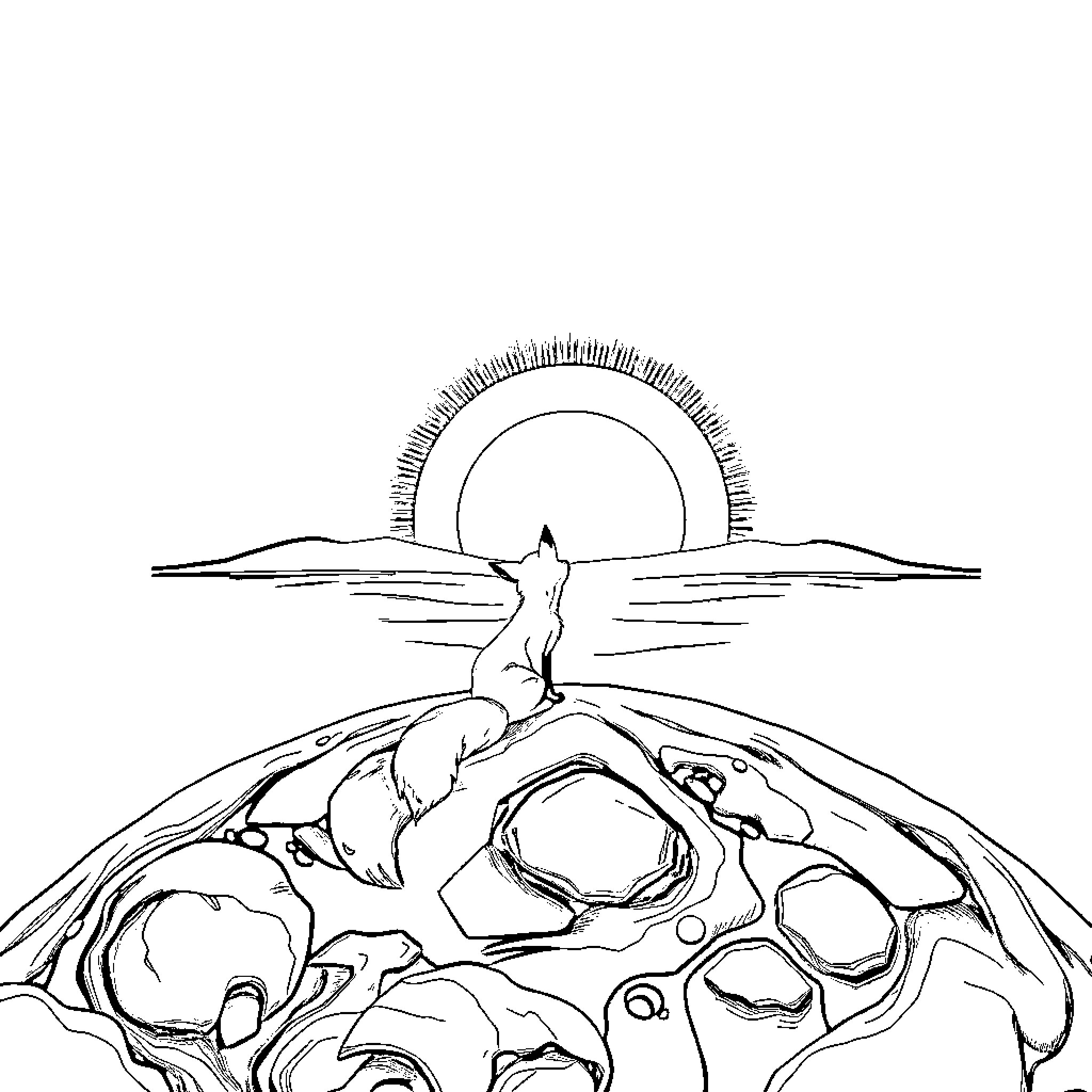 Fox observing the serene landscape at sunset Coloring Page (free black-and-white line drawing printable PDF for all, from beginners to advanced learners, including children, teens, adults, and seniors)