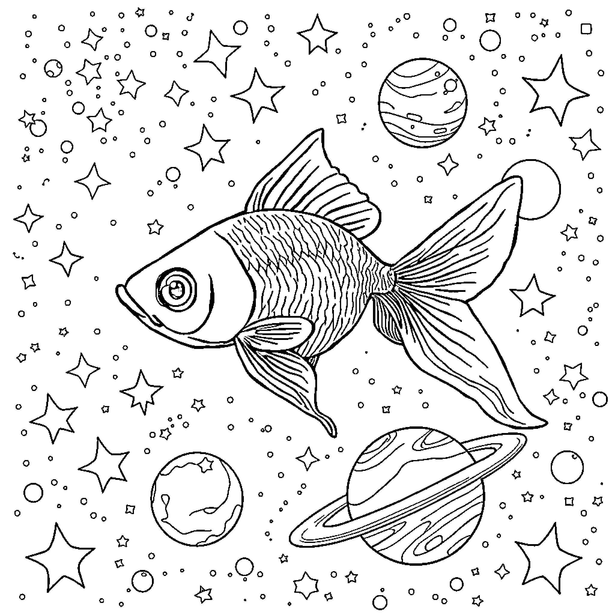 Goldfish swimming among the stars Coloring Page (free black-and-white line drawing printable PDF for all, from beginners to advanced learners, including children, teens, adults, and seniors)