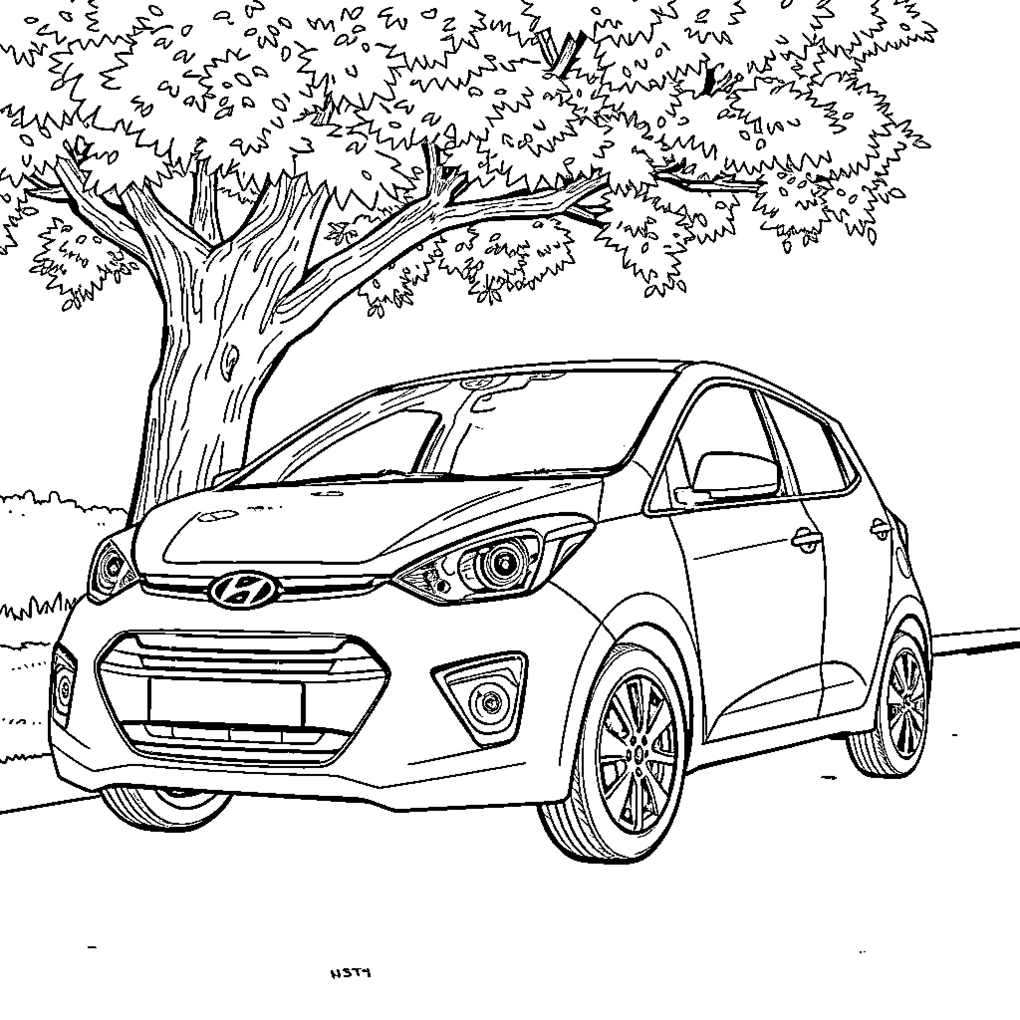 Hyundai Grand i10 parked under a tree Coloring Page (free black-and-white line drawing printable PDF for all, from beginners to advanced learners, including children, teens, adults, and seniors)