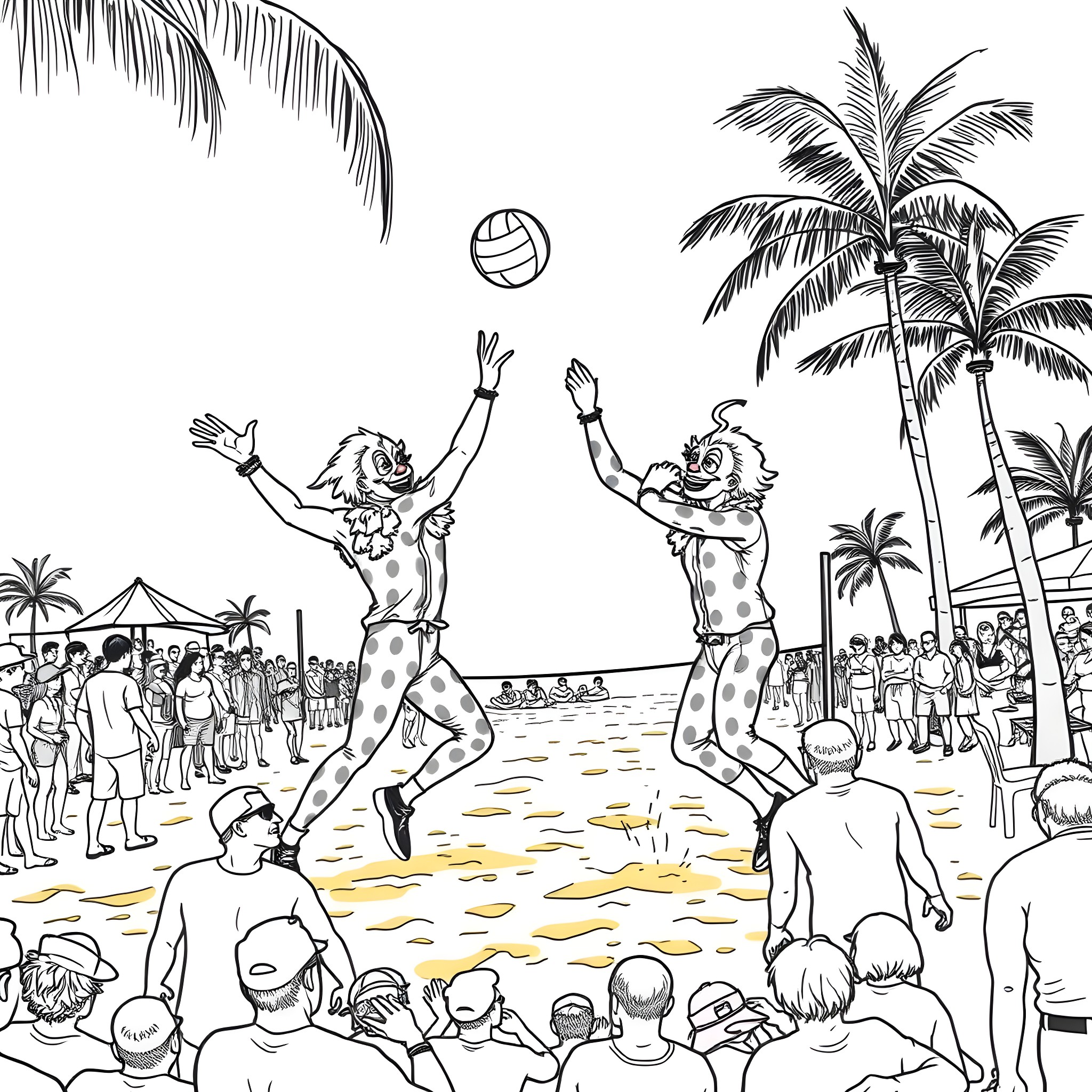 Clown performers entertaining a beach crowd Coloring Page (free black-and-white line drawing printable PDF for all, from beginners to advanced learners, including children, teens, adults, and seniors)