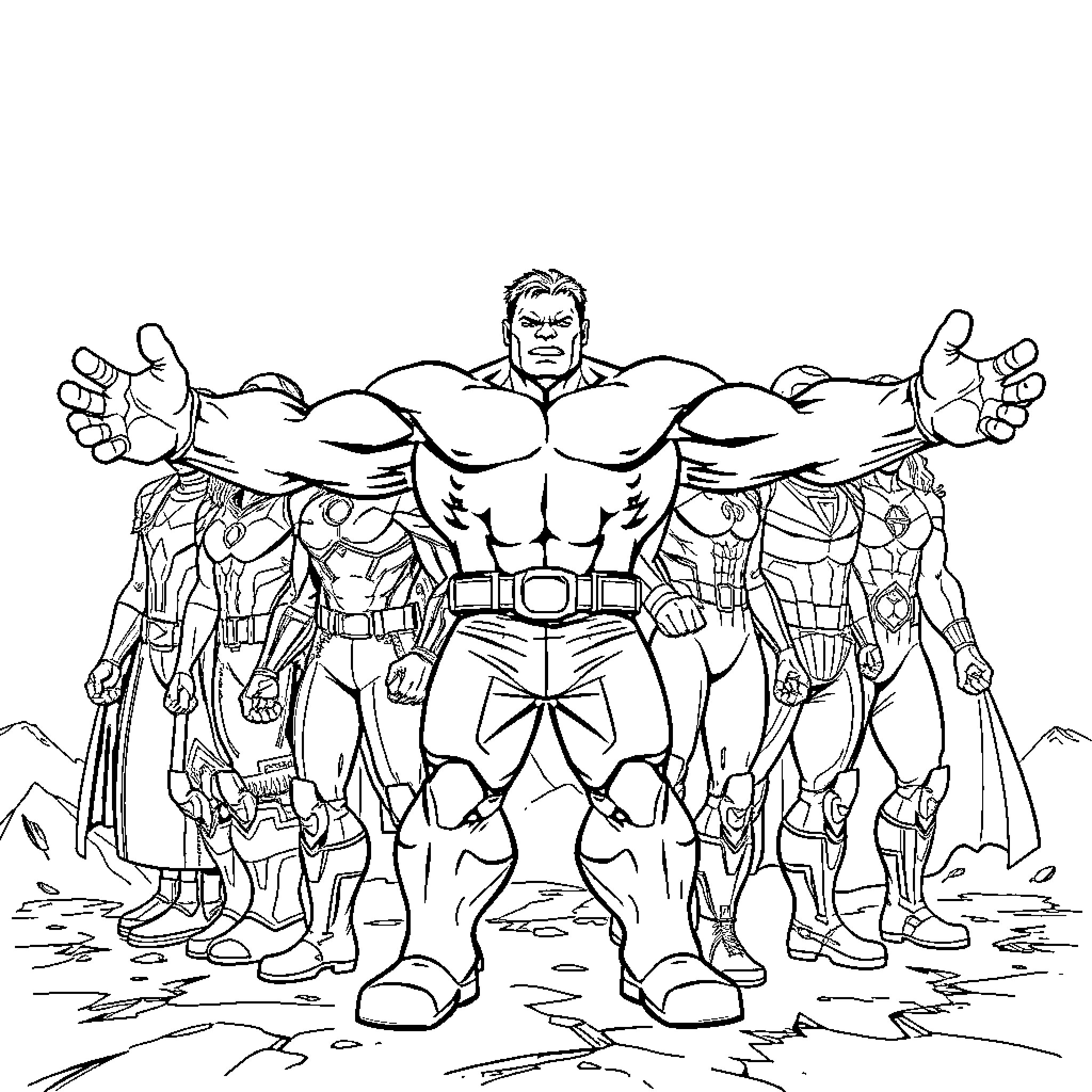 Avenger Superheroes Assembling for Action Coloring Page (free black-and-white line drawing printable PDF for all, from beginners to advanced learners, including children, teens, adults, and seniors)