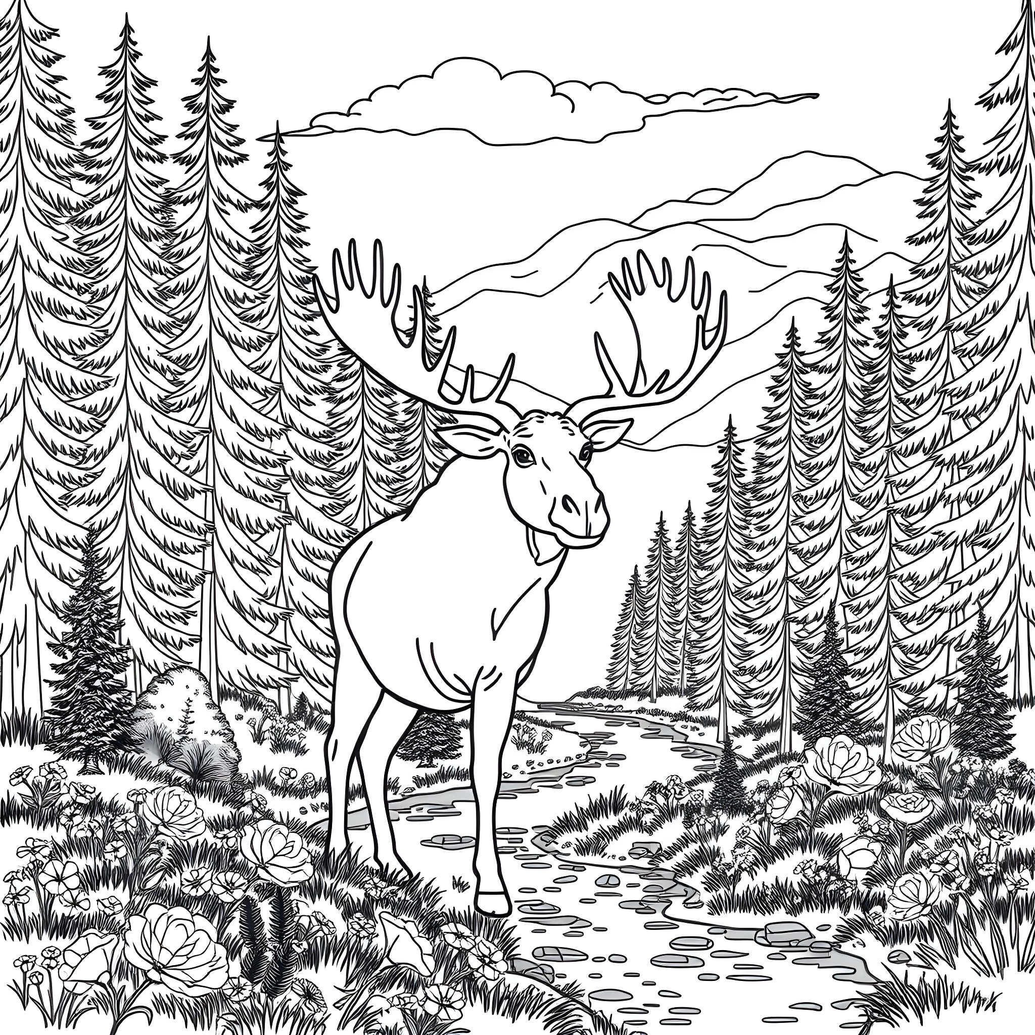 Moose standing in a serene forest landscape Coloring Page (free black-and-white line drawing printable PDF for all, from beginners to advanced learners, including children, teens, adults, and seniors)