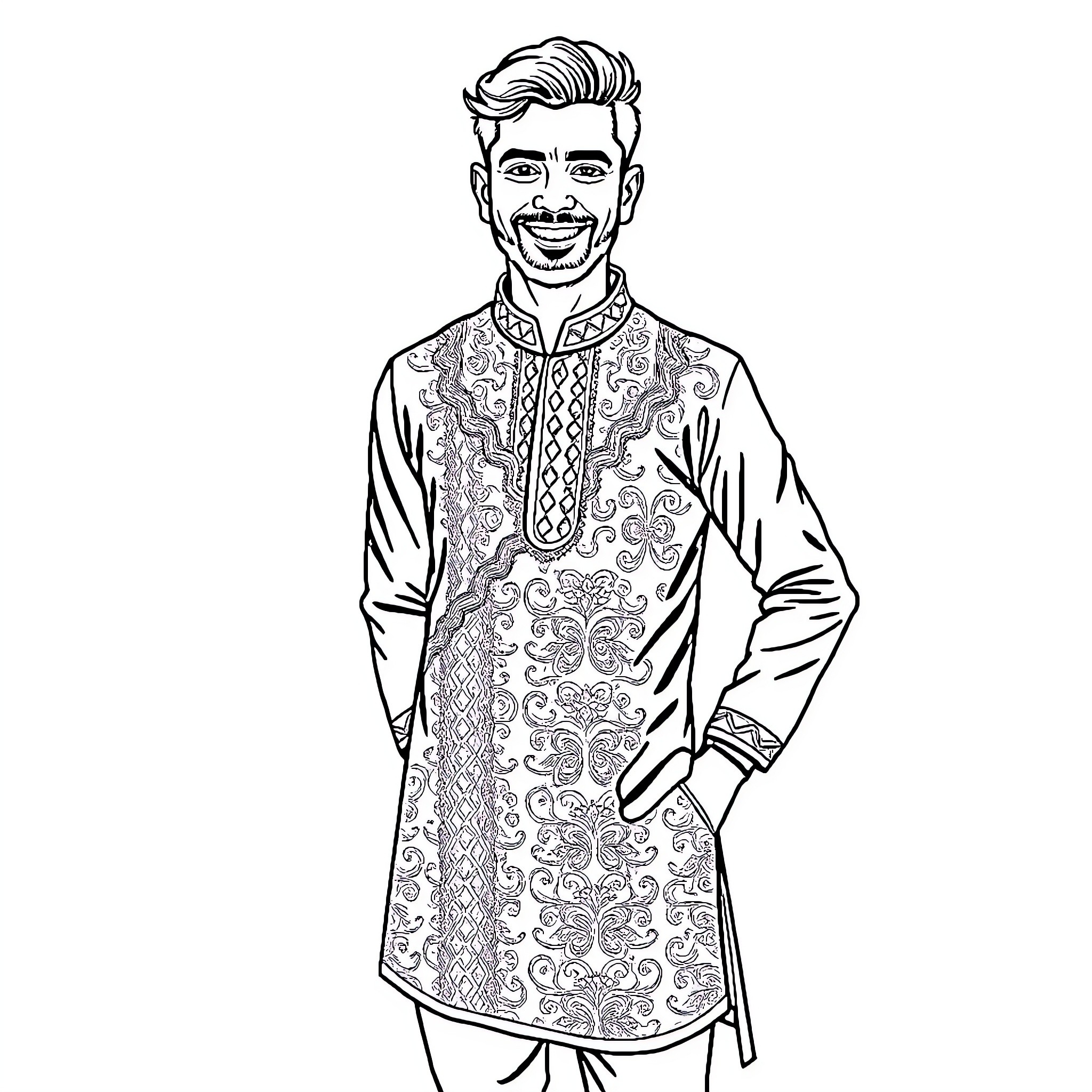 Man in ornate traditional clothing smiling Coloring Page (free black-and-white line drawing printable PDF for all, from beginners to advanced learners, including children, teens, adults, and seniors)
