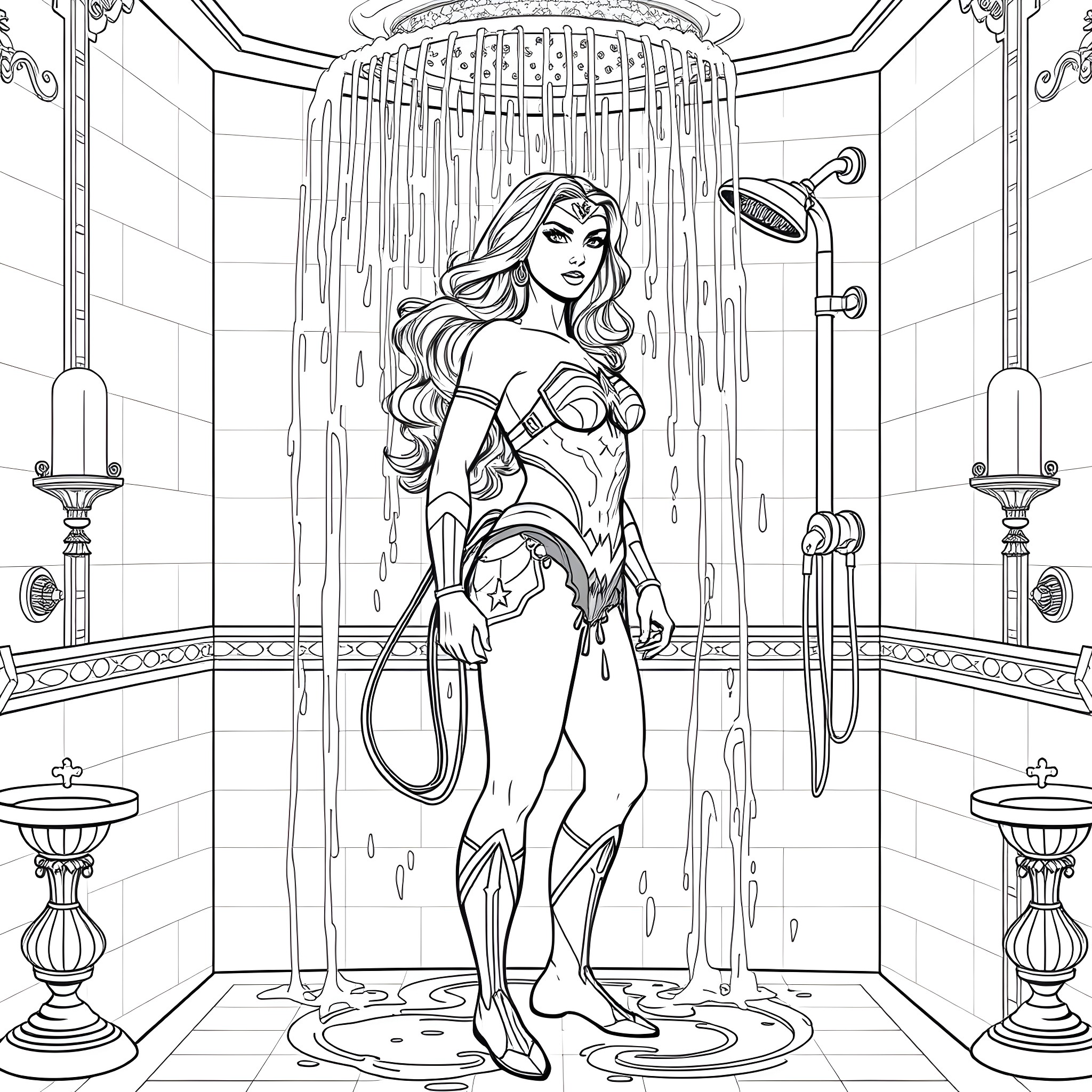 Wonder Woman in Powerful Superhero Shower Scene Coloring Page (free black-and-white line drawing printable PDF for all, from beginners to advanced learners, including children, teens, adults, and seniors)