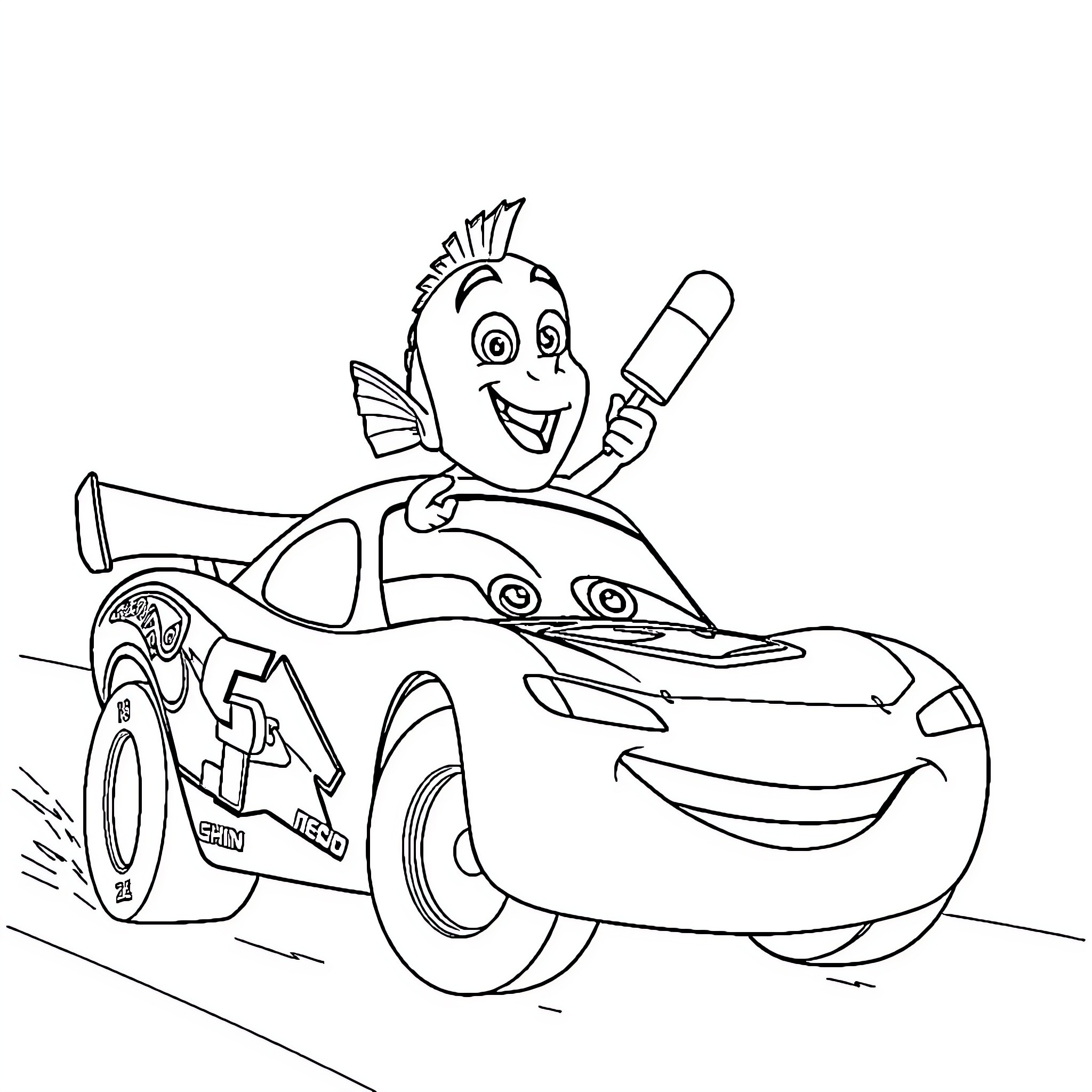 Nemo driving a colorful race car Coloring Page (free black-and-white line drawing printable PDF for all, from beginners to advanced learners, including children, teens, adults, and seniors)