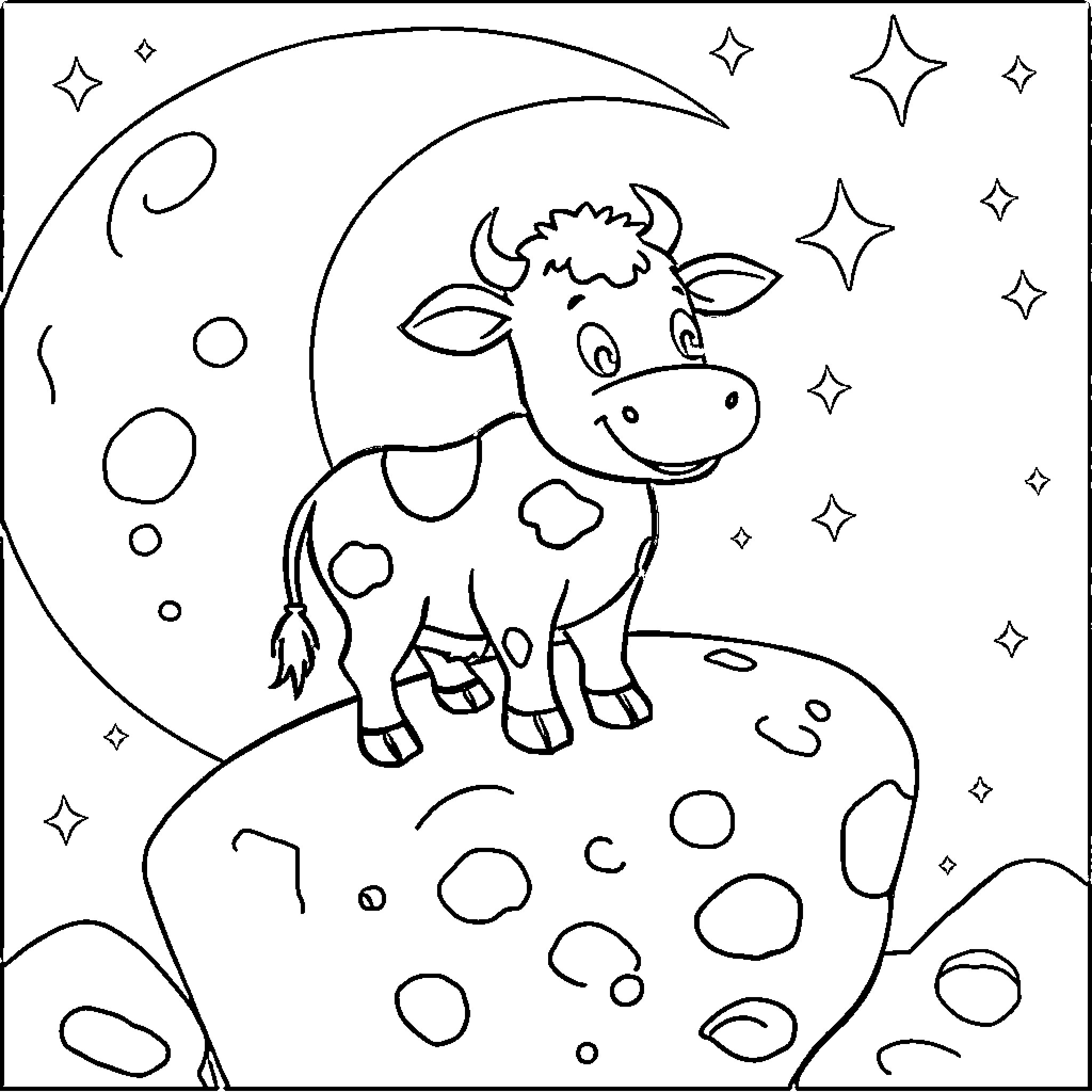 Cow standing on the moon with stars Coloring Page (free black-and-white line drawing printable PDF for all, from beginners to advanced learners, including children, teens, adults, and seniors)