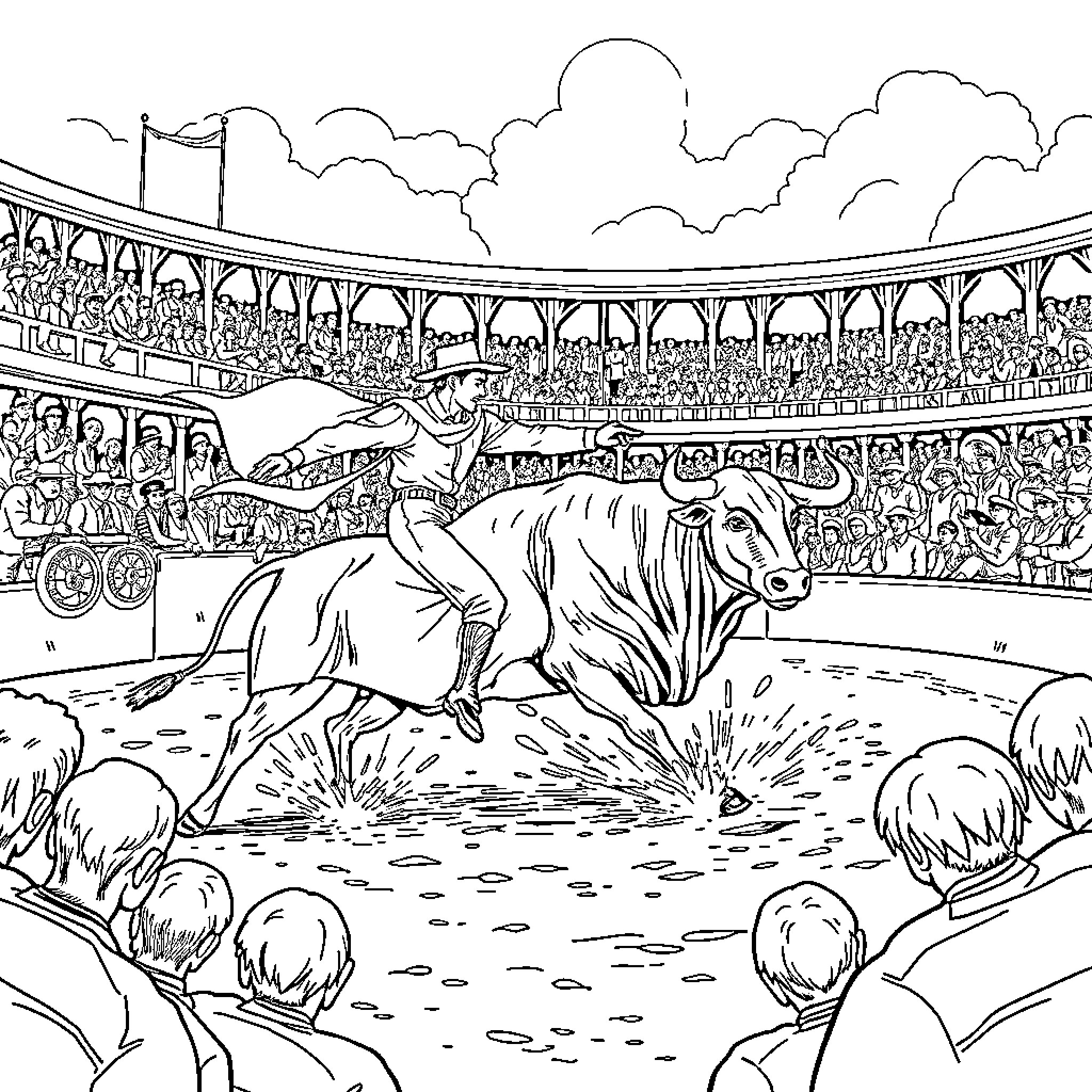 Torero's Daring Bull Encounter in Vibrant Arena Coloring Page (free black-and-white line drawing printable PDF for all, from beginners to advanced learners, including children, teens, adults, and seniors)