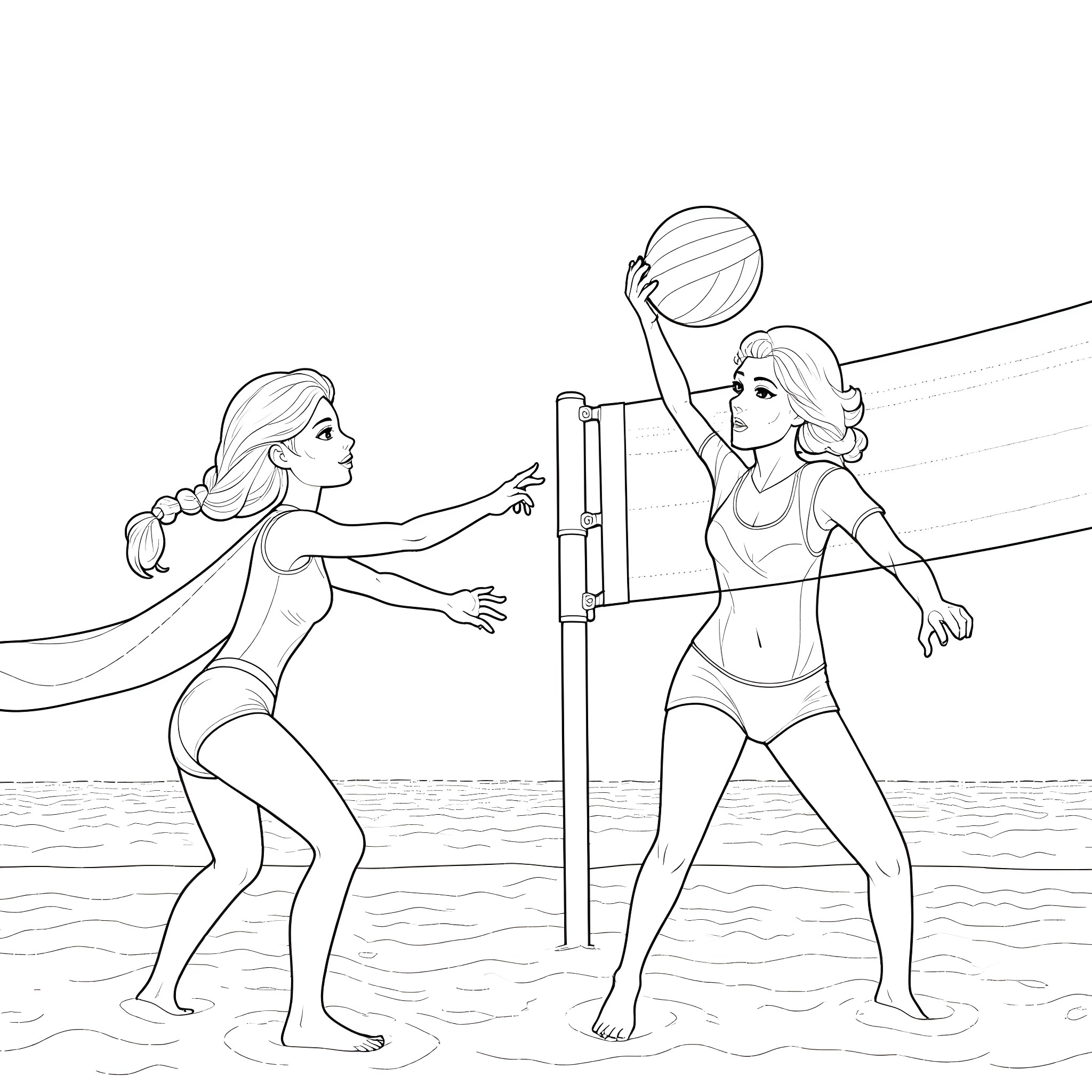 Elsa and Anna playing beach volleyball Coloring Page (free black-and-white line drawing printable PDF for all, from beginners to advanced learners, including children, teens, adults, and seniors)